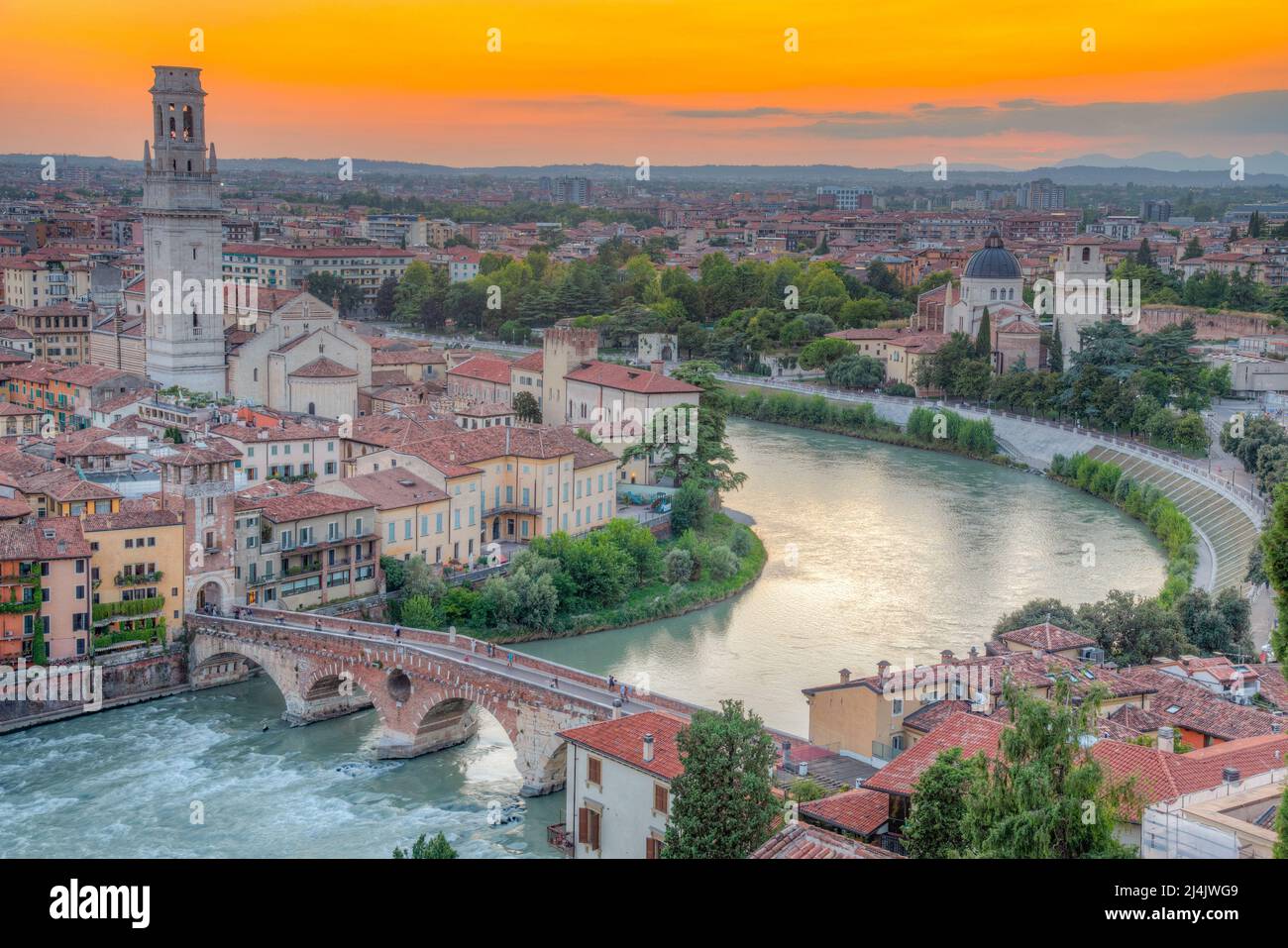 Sunset view of Ponte Pietra bridge in Verona, Italy Stock Photo - Alamy