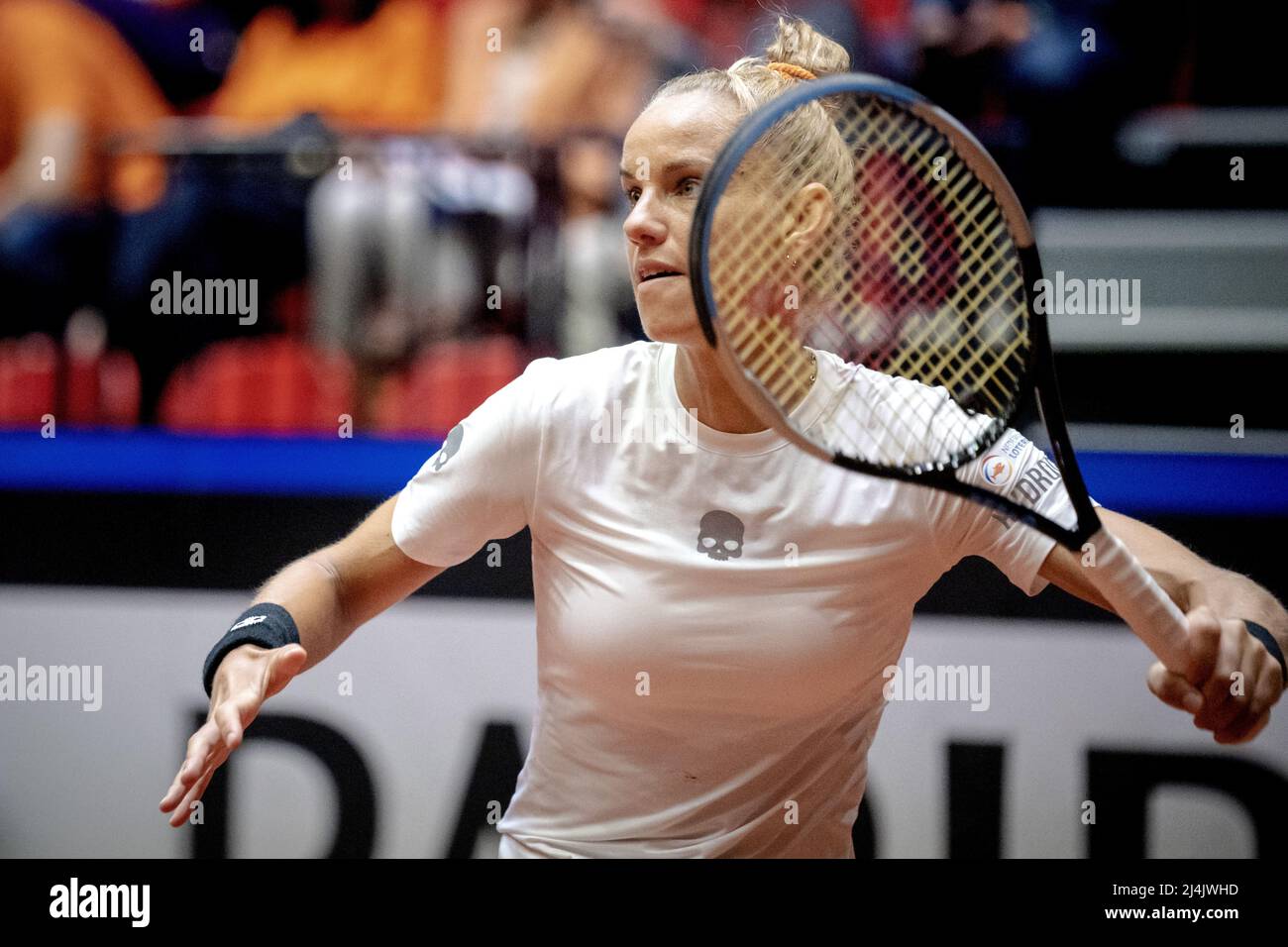 Maaspoort Sports & Events, s-Hertogenbosch, the Netherlands. 16th Apr 2022.  DEN BOSCH - Arantxa Rus (Netherlands) in action against Sara Sorribes  (Spain) during the singles match of the qualifying round of the