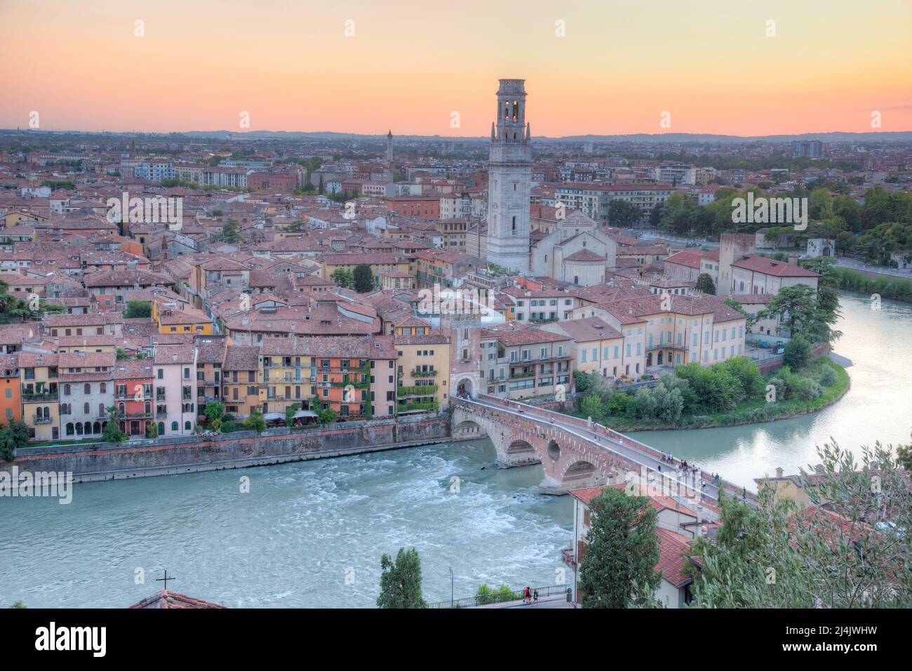 Sunset view of Ponte Pietra bridge in Verona, Italy Stock Photo - Alamy