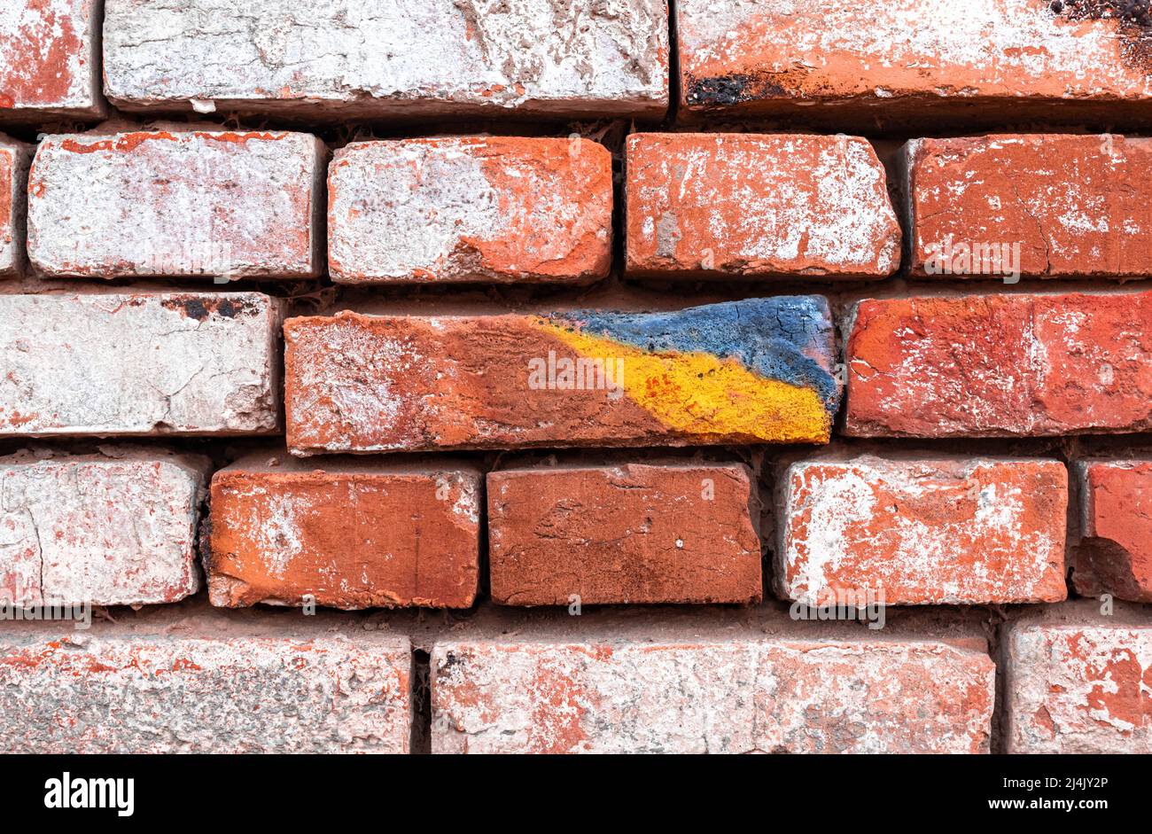 Flag of Ukraine on old bricks wall in background. Conceptual Stock Photo