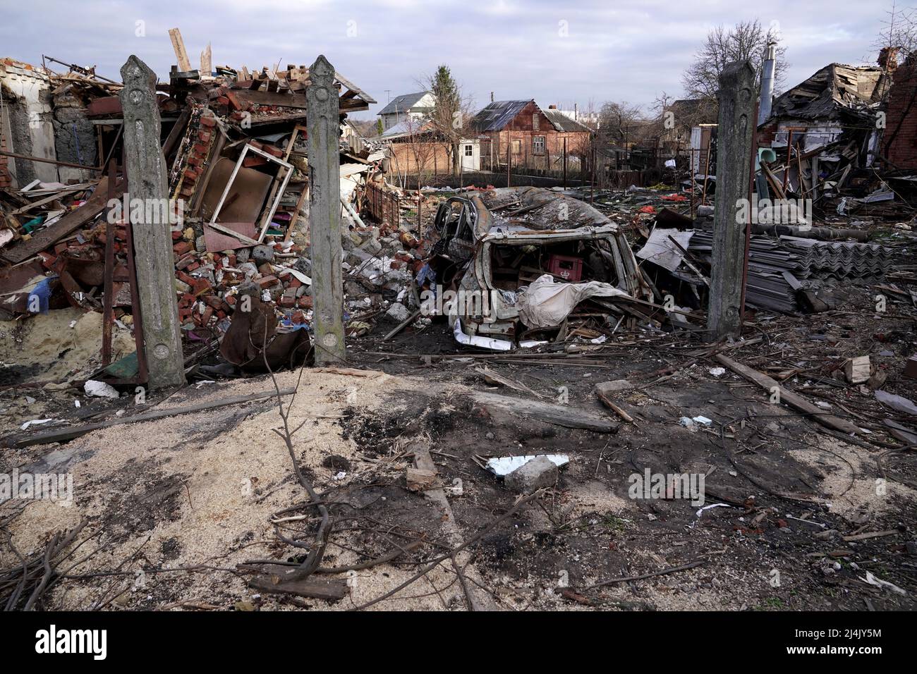 SUMY, UKRAINE - APRIL 14, 2022 - The consequences of Russian shelling are pictured in Sumy, northeastern Ukraine. Stock Photo