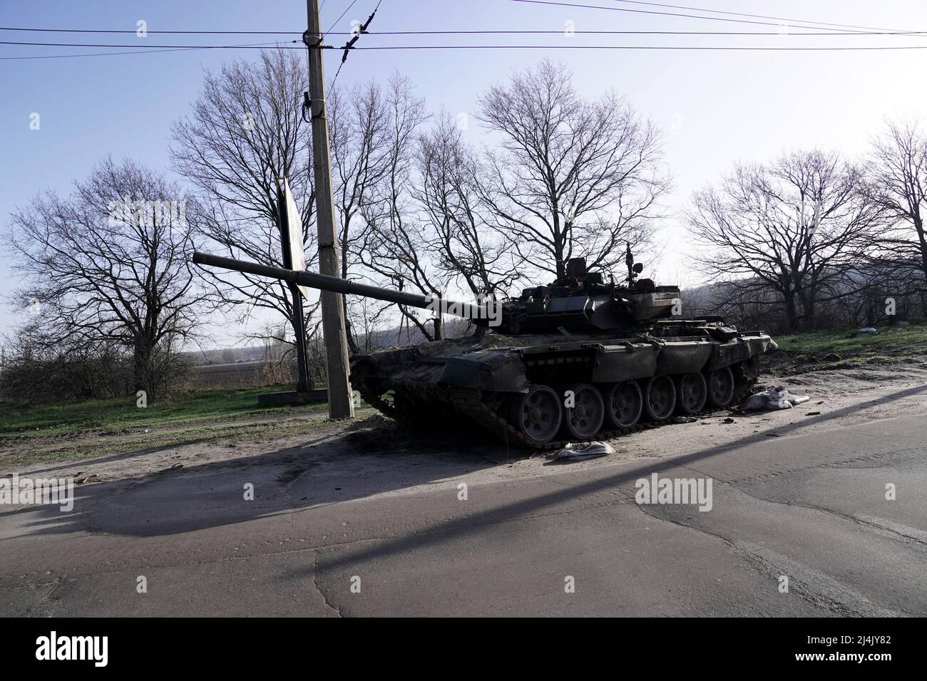 SUMY, UKRAINE - APRIL 15, 2022 - A destroyed Russian tank is pictured in Sumy, northeastern Ukraine. Stock Photo