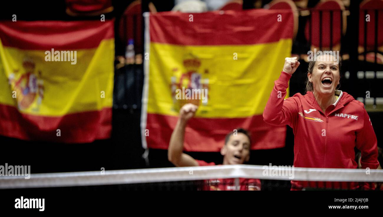 Maaspoort Sports & Events, s-Hertogenbosch, the Netherlands. 16th Apr 2022. DEN  BOSCH - Joy for coach Anabel Medina Garrigues (Spain) after she and her  team qualified during the qualifying round of the
