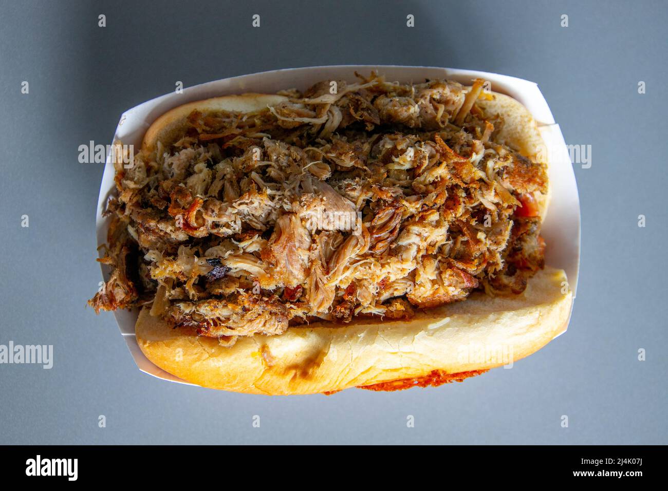 #1 Hawaiian pulled pork on pork pineapple sausage, Porky's Restaurant, Waimea, Kauai, Hawaii Stock Photo