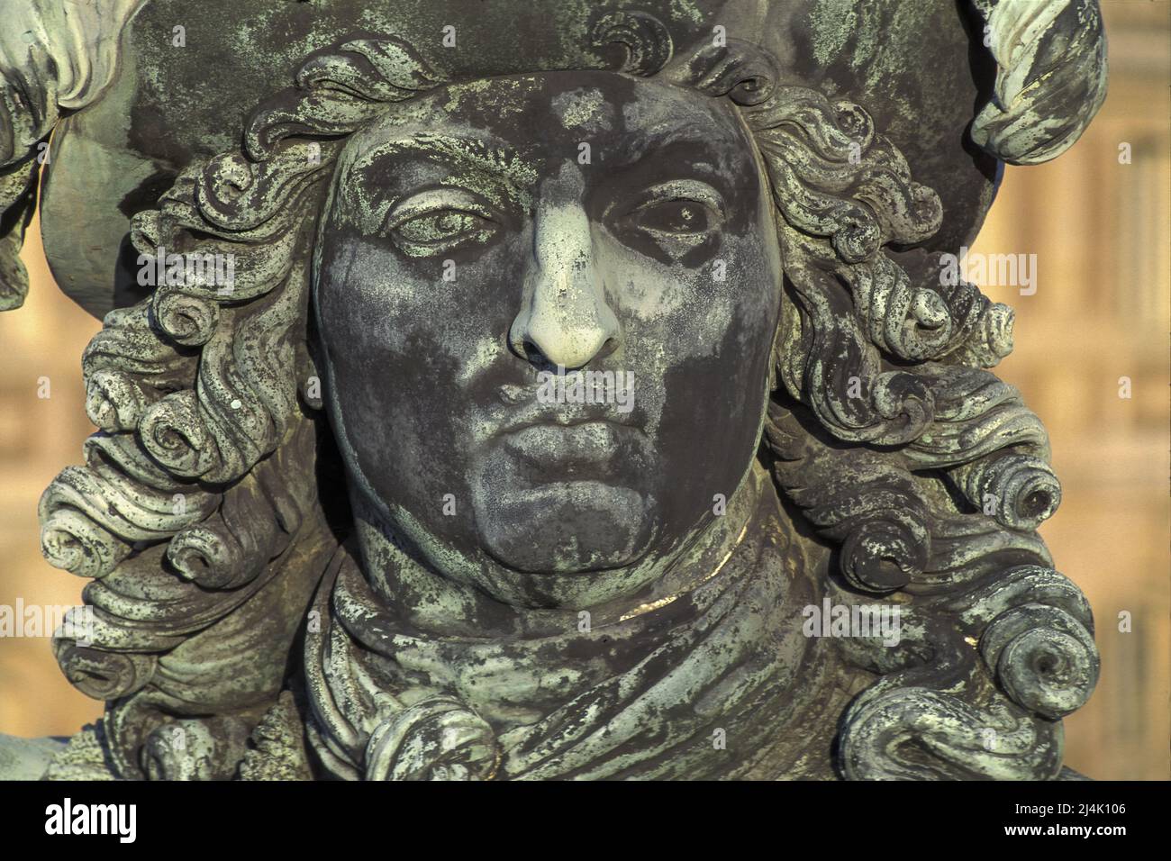 France. Yvelines (78) Palace of Versailles: detail of the equestrian statue of Louis XIV. Portrait of the King Stock Photo