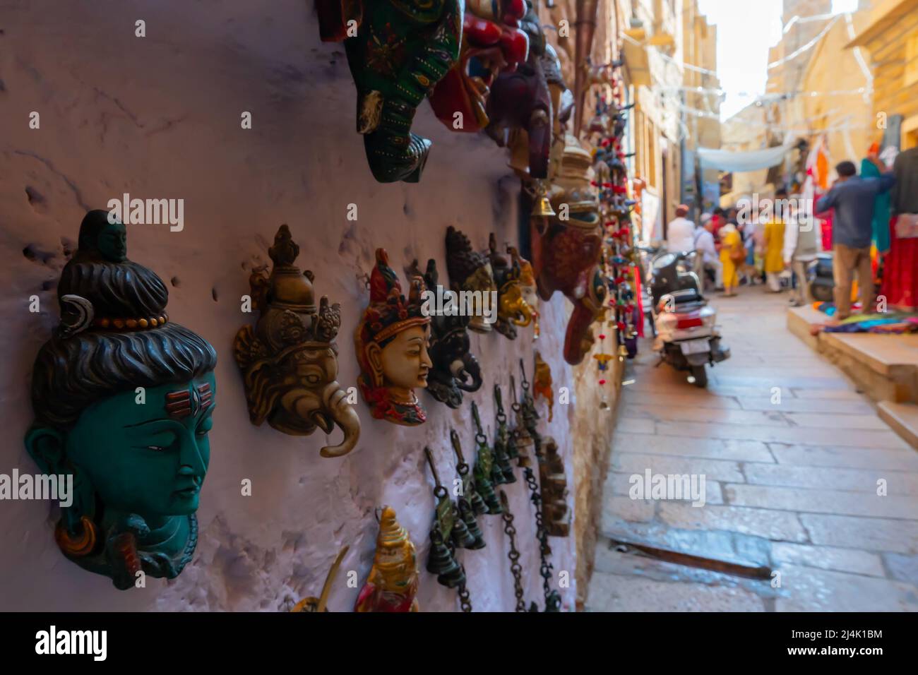 Jaisalmer, Rajasthan, India - October 13, 2019 : Colourful show pieces and handicrafts are displayed for sale to tourists inside Jaisalmer Fort. Stock Photo