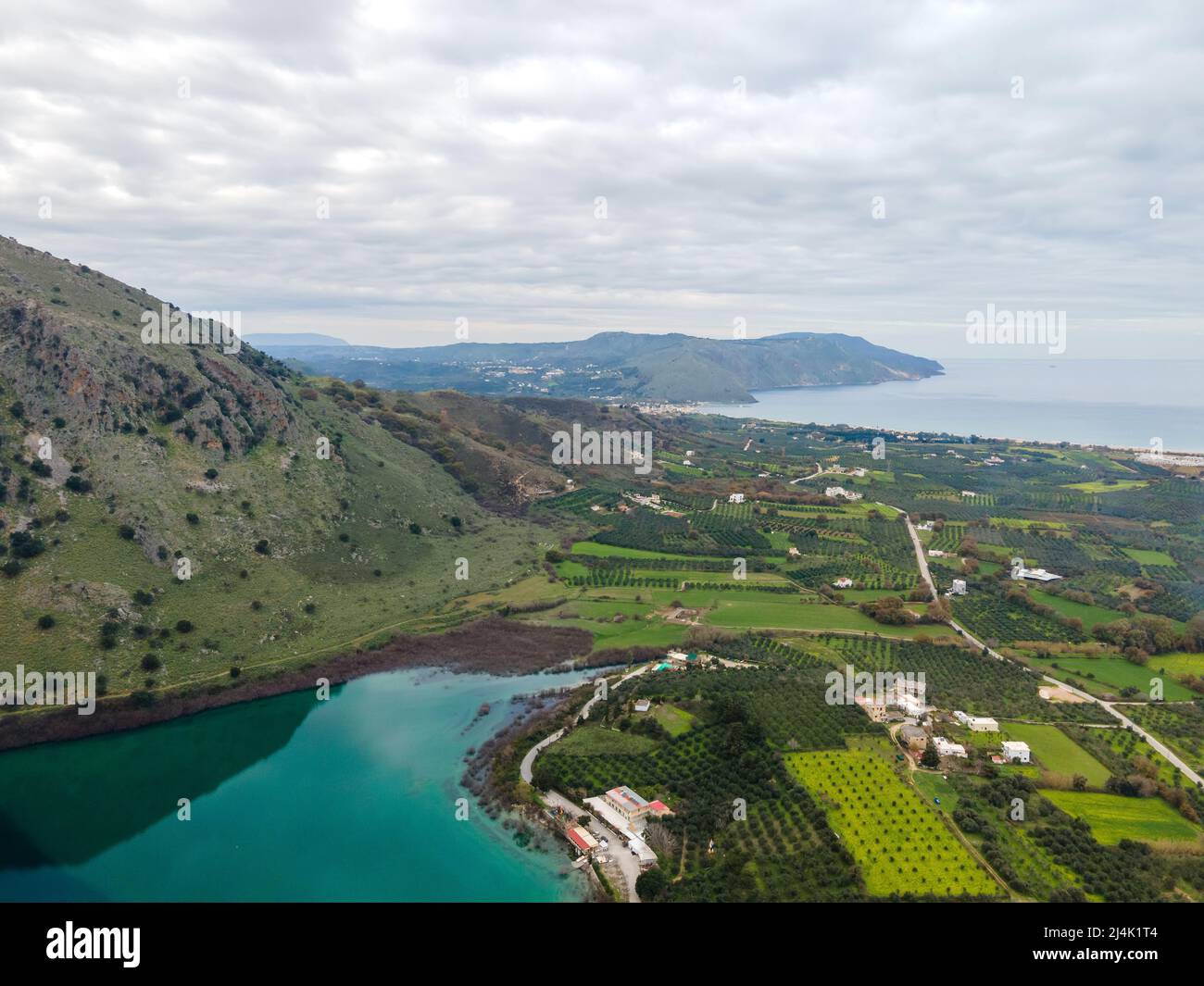 Aerial top view by drone of Kournas lake on Crete island. Greece. Stock Photo