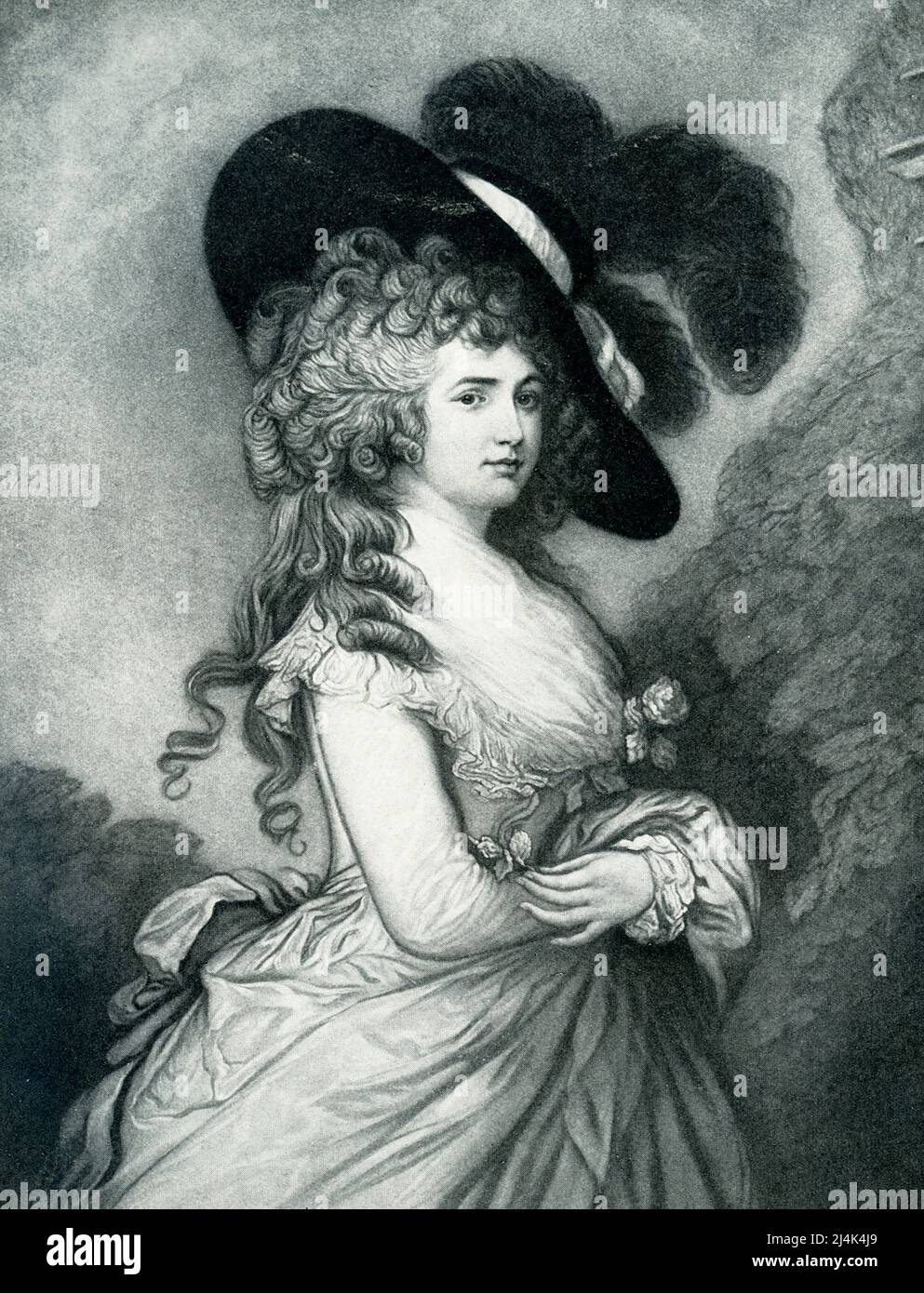 This 1903 image shows the Duchess of Devonshire, from a painting by Gainsborough. Georgiana Cavendish, Duchess of Devonshire (died 1806) was an English socialite,  political organizer, style icon, author, and activist. Thomas Gainsborough (died 1788) was an English portrait painter and landscape artist. He was a founding member of England's Royal Academy of the Arts. Among his best known works are The Blue Boy, Portrait of Mrs. Graham, The Painter's Daughters, and Cottage Girl with Dog and Pitcher. Huntington Library in California. Stock Photo