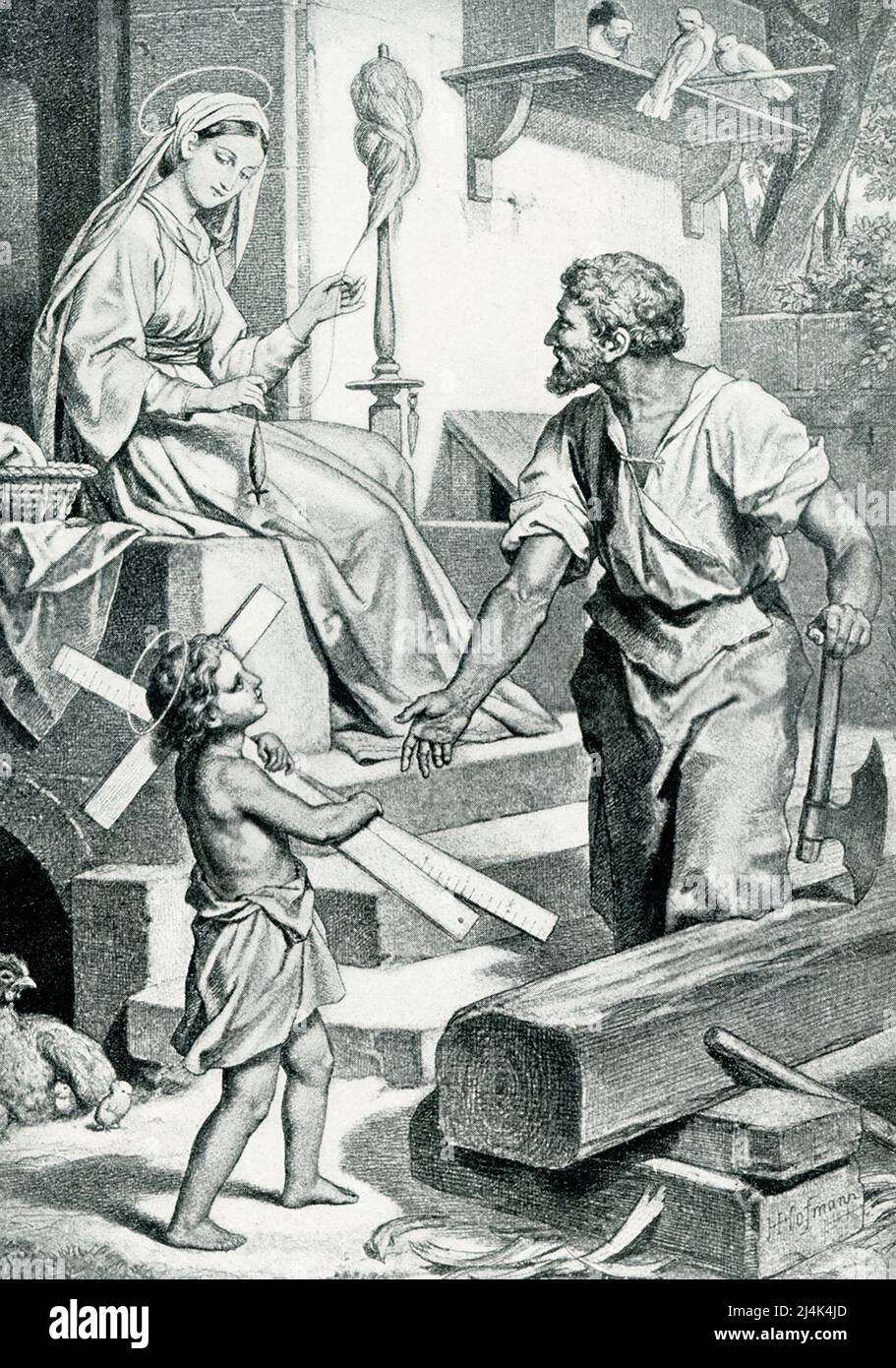 The 1903 caption reads: 'Childhood of Christ from painting by Hoffman 1824.' Jesus is the Greek name for the Hebrew Joshua (savior). Christ is the Greek translation of the Hebrew Messiah (anointed). For Christians, Jesus Christ is the founder of Christianity. This illustration shows Jesus as a young boy working with and helping his father, Joseph. Pictured also is his mother, Mary. Hans Hofmann (died 1966) was a German-born American painter, renowned as both an artist and teacher. His career spanned two generations and two continents, and is considered to have both preceded and influenced Abst Stock Photo