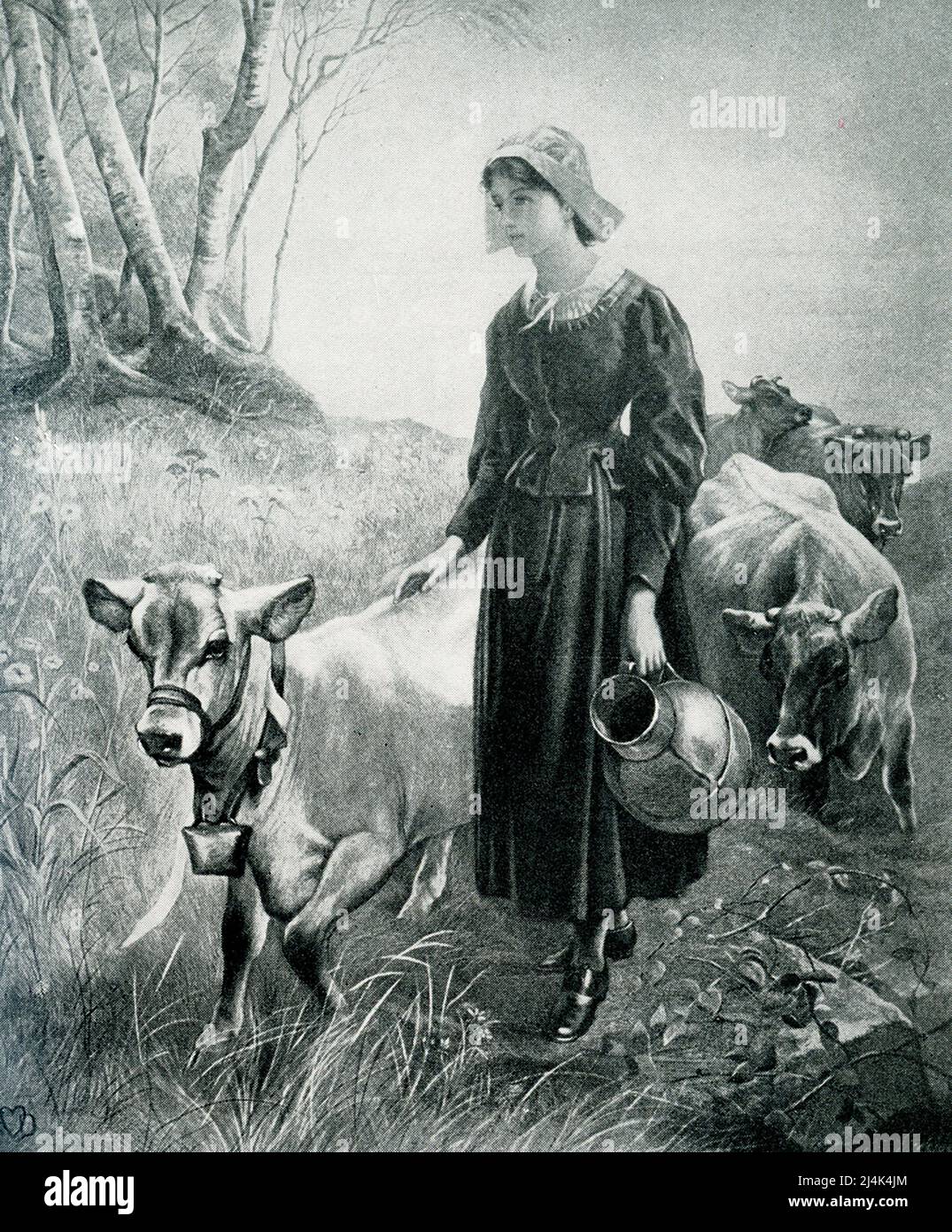 The 1903 caption reads: 'Evangeline from painting by Douglas.' Evangeline, a Tale of Acadie, is an epic poem by the American poet Henry Wadsworth Longfellow. Evangeline was an Acadian girl and the story tells of her search for her lost love named Gabriel. It is set in the time of the Expulsion of the Acadians. The expulsion was the forced removal of the Acadian people by the British during the French and Indian War (1755-1764). They were removed from the Canadian Maritime Provinces of Nova Scotia, New Brunswick, Prince Edward Island, and part of Maine. It was written in English and published i Stock Photo