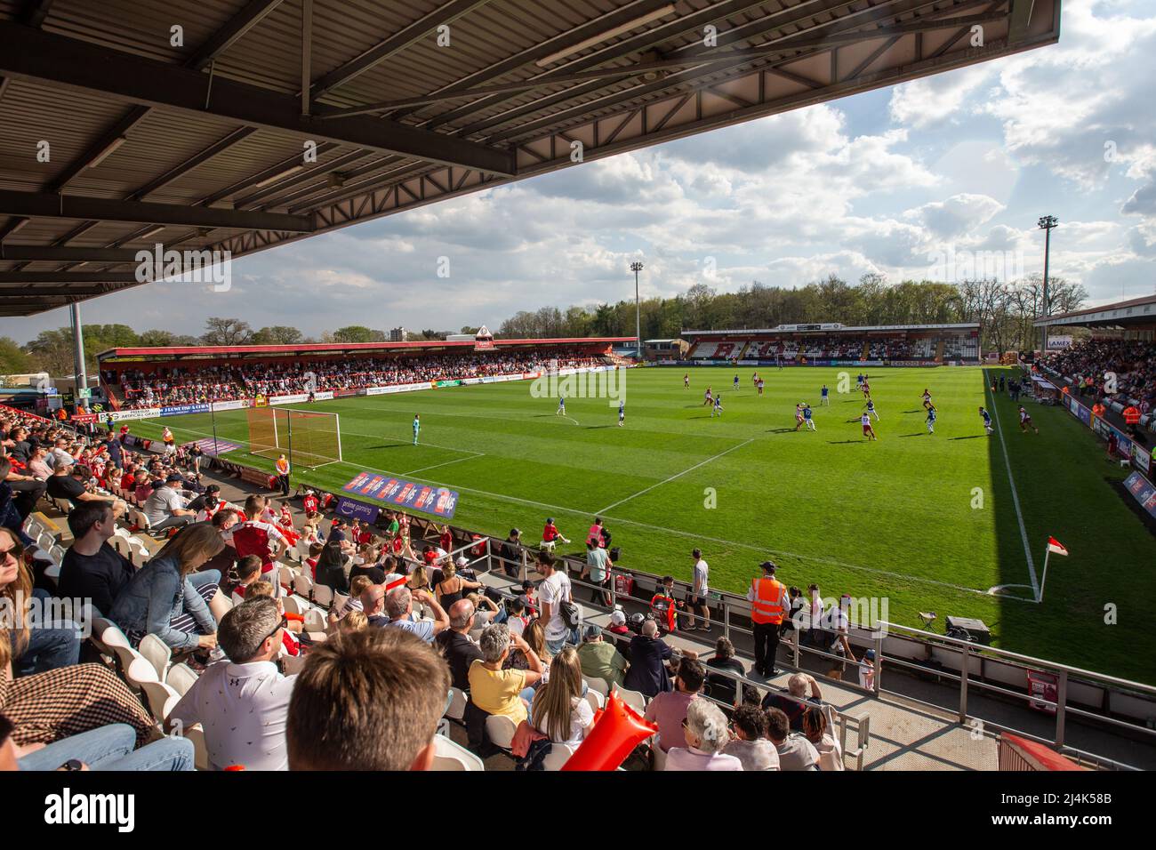 View from North Stand at lower leagues football / soccer ground Lamex Stadium during match. Home to Stevenage Football Club Stock Photo