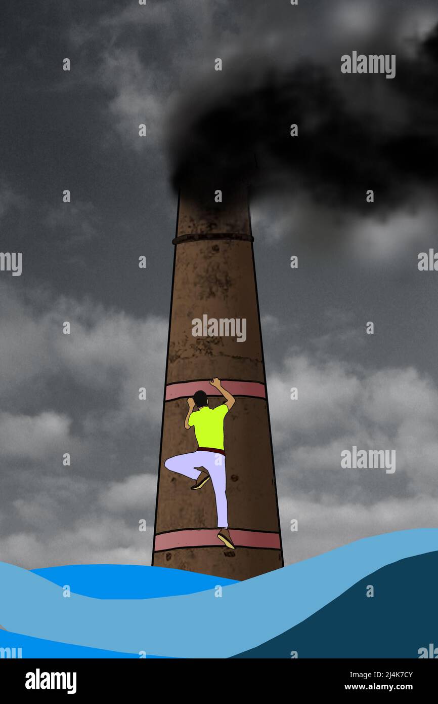 Man scaping from sea level rise for air pollution and greenhouse gas emission illustration Stock Photo