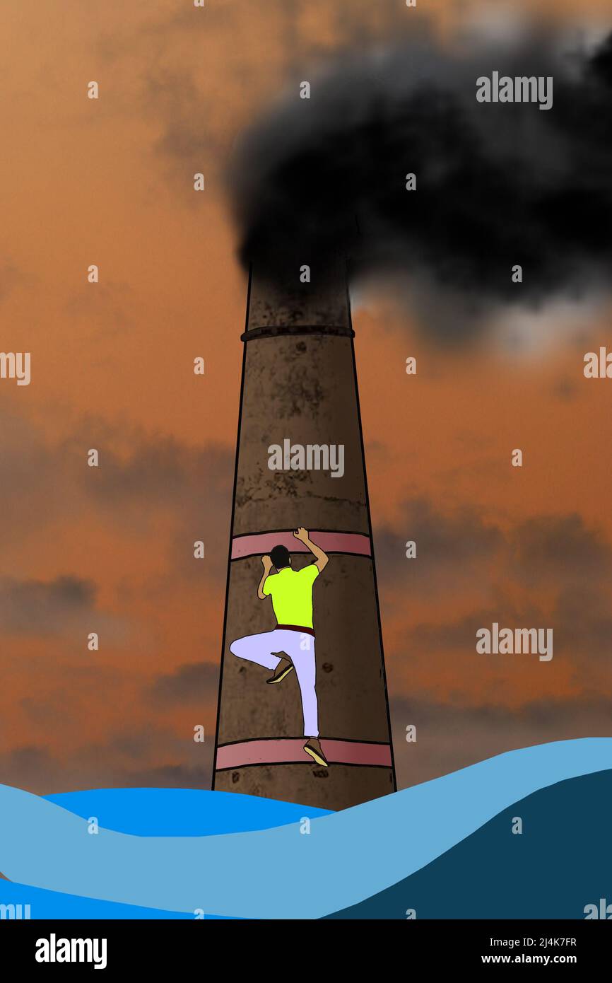 Man scaping from sea level rise for air pollution and greenhouse gas emission illustration Stock Photo