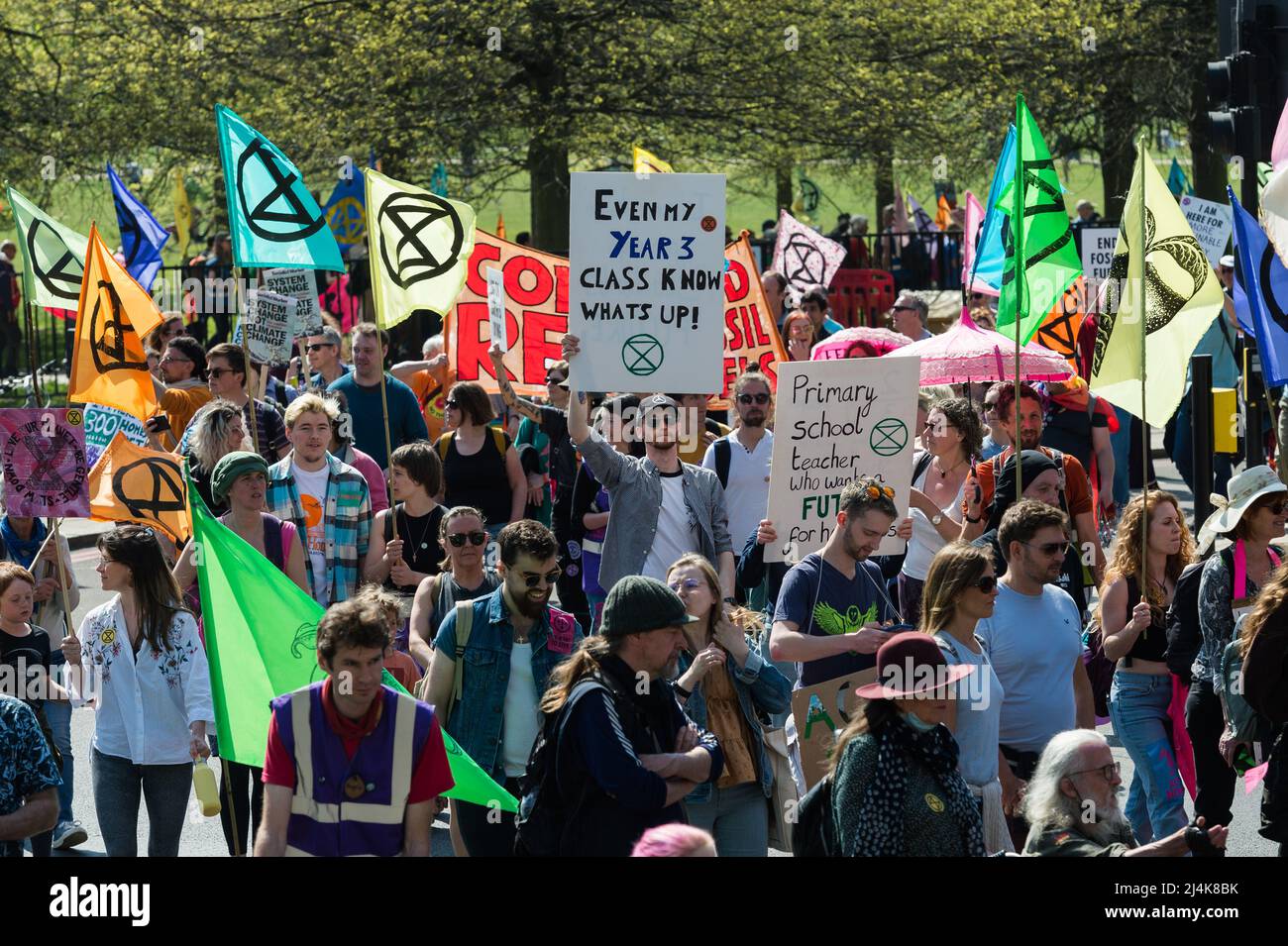 London, UK. 16th April, 2022. Activists from Extinction Rebellion from Hyde Park on the eight day of protests and civil disobedience actions to demand an immediate stop to all new fossil fuel infrastructure by the British government amid climate crisis and ecological emergency. Credit: Wiktor Szymanowicz/Alamy Live News Stock Photo