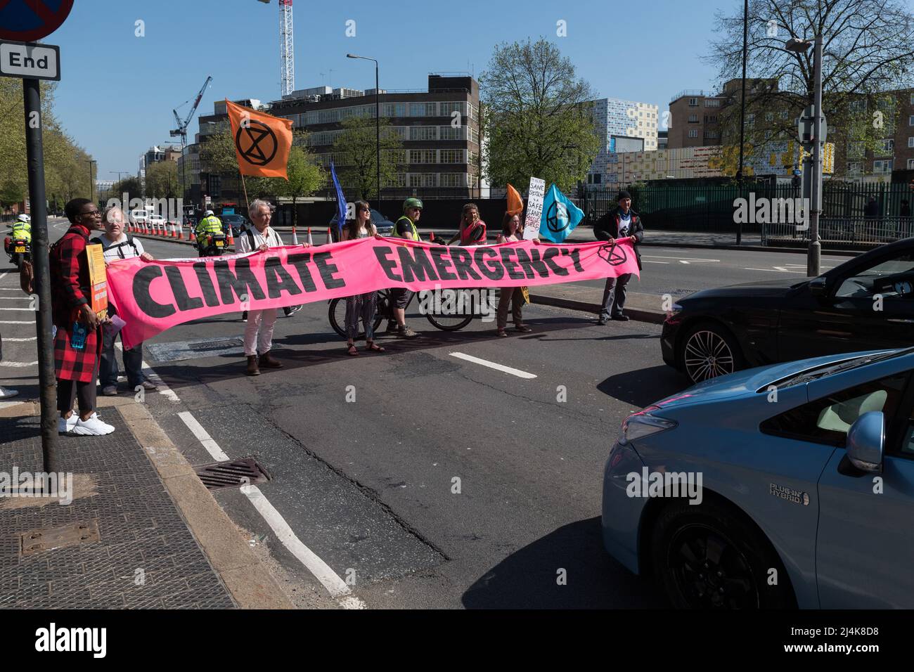 London, UK. 16th April, 2022. Activists from Extinction Rebellion stop the traffic on the Marylebone Flyover on the eight day of protests and civil disobedience actions to demand an immediate stop to all new fossil fuel infrastructure by the British government amid climate crisis and ecological emergency. Credit: Wiktor Szymanowicz/Alamy Live News Stock Photo