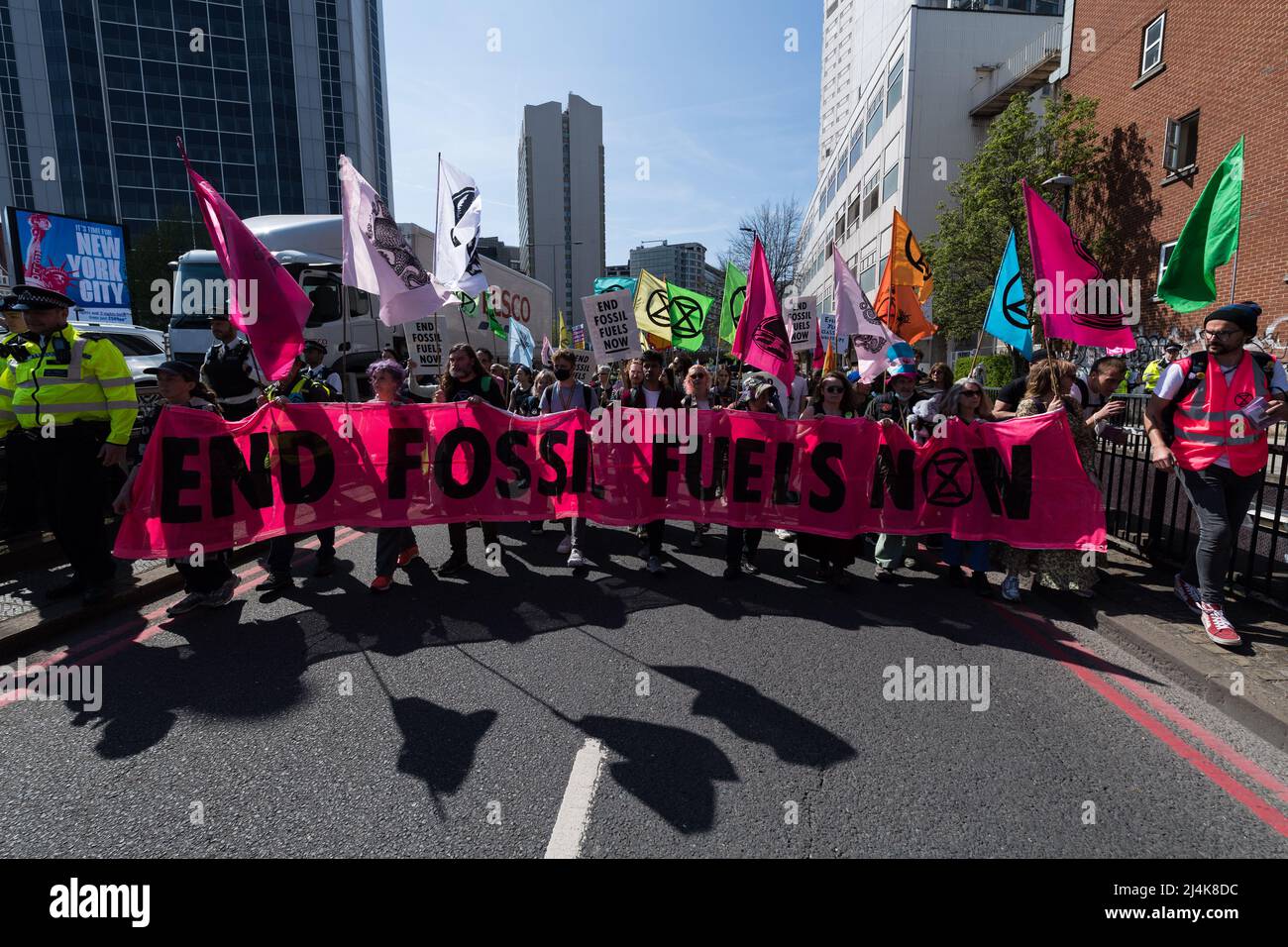 London, UK. 16th April, 2022. Activists from Extinction Rebellion stop the traffic on the Marylebone Flyover on the eight day of protests and civil disobedience actions to demand an immediate stop to all new fossil fuel infrastructure by the British government amid climate crisis and ecological emergency. Credit: Wiktor Szymanowicz/Alamy Live News Stock Photo