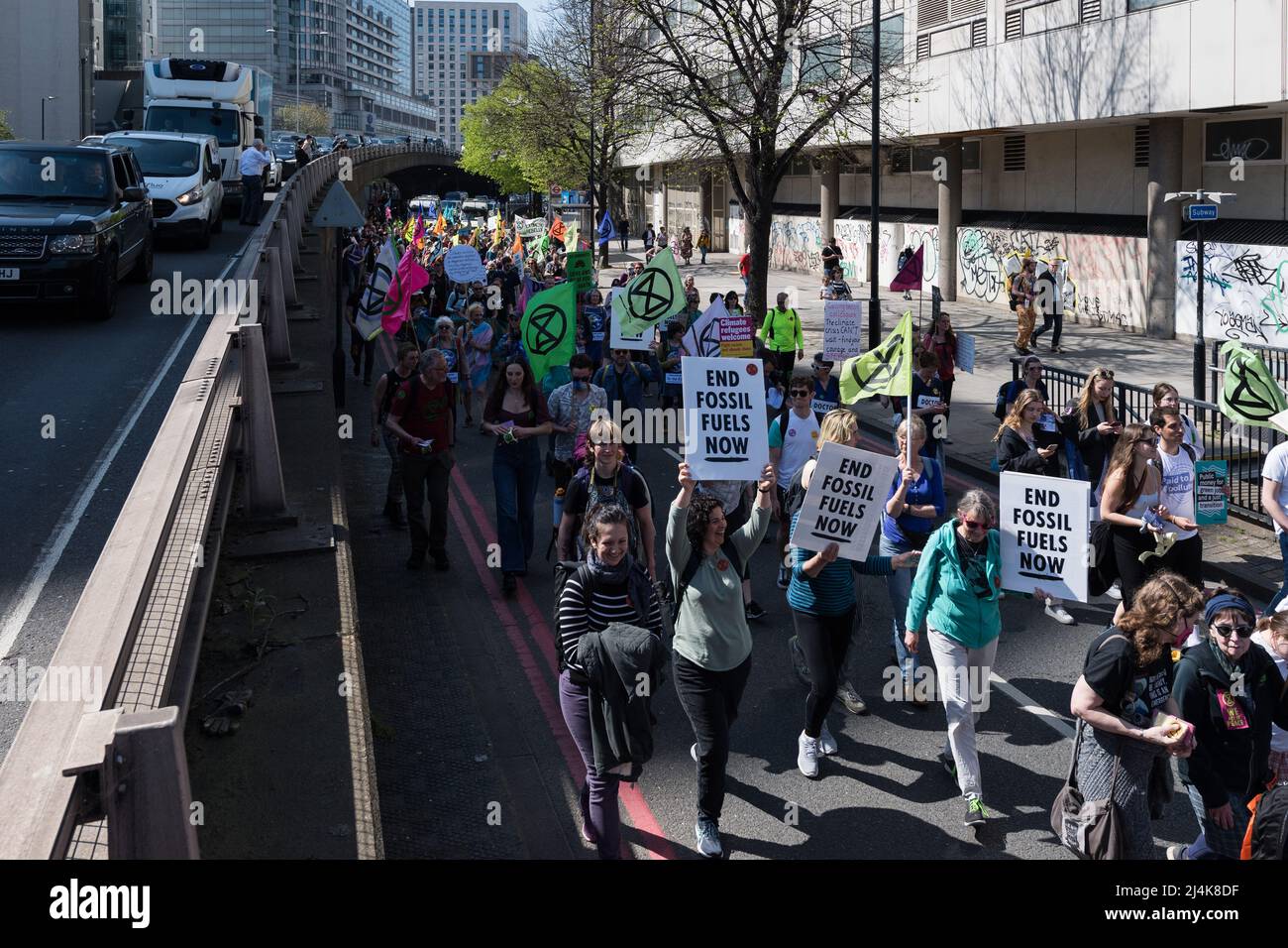 London, UK. 16th April, 2022. Activists from Extinction Rebellion stop the traffic on the Marylebone Flyover on the eight day of protests and civil disobedience actions to demand an immediate stop to all new fossil fuel infrastructure by the British government amid climate crisis and ecological emergency. Credit: Wiktor Szymanowicz/Alamy Live News Stock Photo
