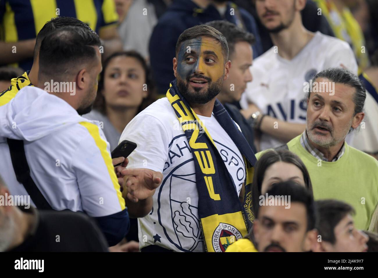 ISTANBUL - Fenerbahce supporter during the Turkish Superliga match between Fenerbahce AS and Galatasaray AS at Ulker Fenerbahce Sukru Saracoglu Stadium on April 10, 2022 in Istanbul, Turkey. ANP | Dutch Height | Gerrit van Keulen Stock Photo