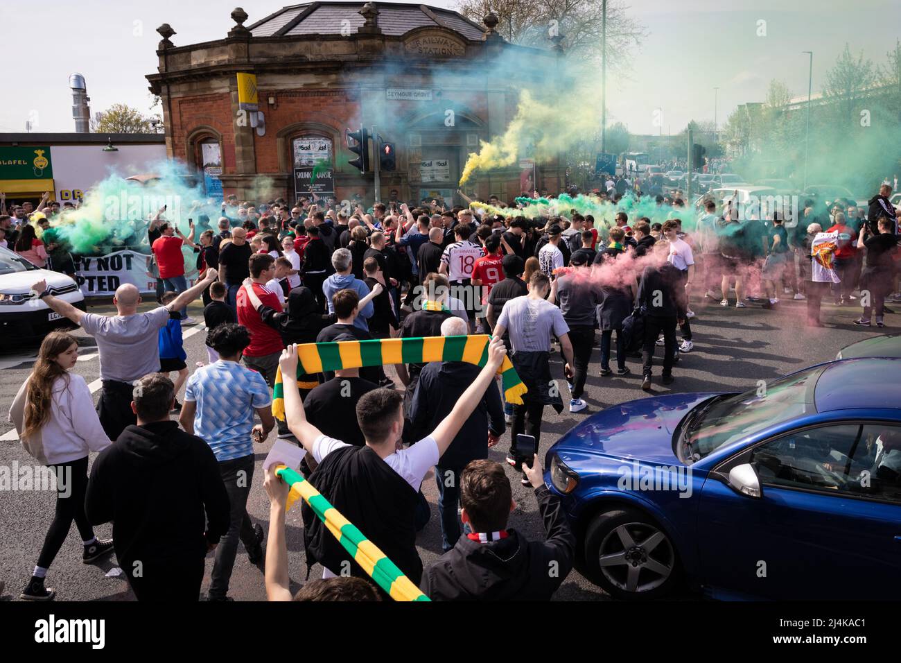 Manchester, UK. 16th Apr, 2022. Manchester United supporters protest against the Glazers. Fans march to Old Trafford to boycott the first 17 minutes of the game which signifies a minute for each year the Glazers have owned the club. Credit: Andy Barton/Alamy Live News Stock Photo