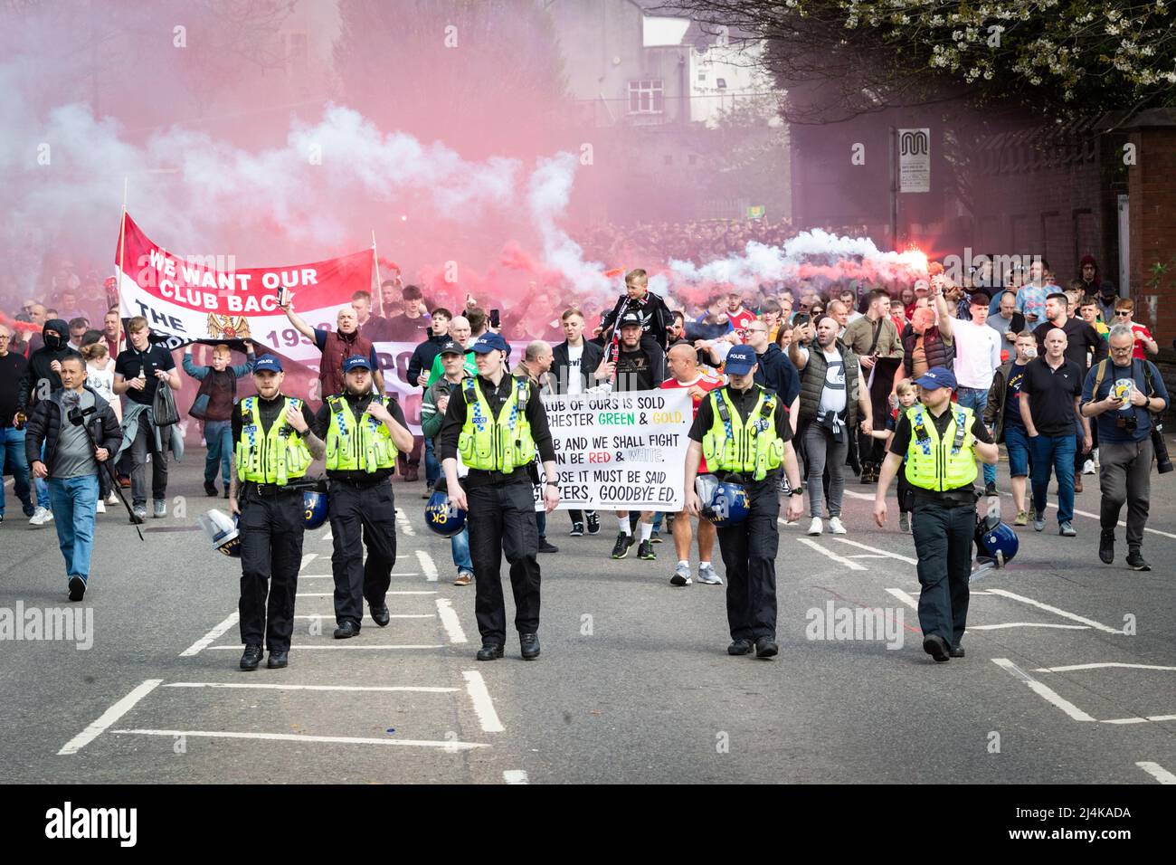 Manchester, UK. 16th Apr, 2022. Manchester United supporters protest against the Glazers. Fans march to Old Trafford to boycott the first 17 minutes of the game which signifies a minute for each year the Glazers have owned the club. Credit: Andy Barton/Alamy Live News Stock Photo