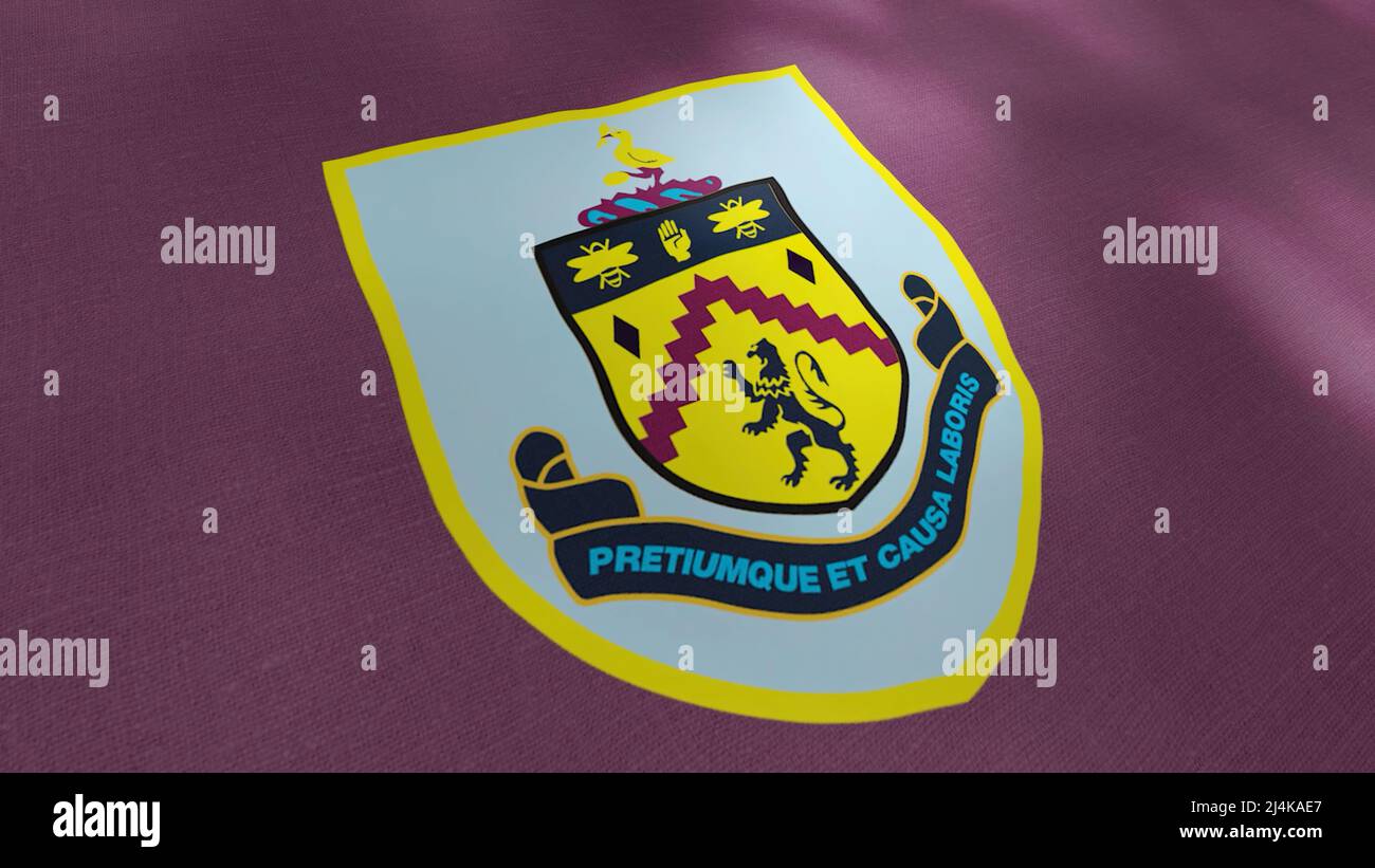 Abstract waving flag with emblem of Burnley football club. Motion. Flags of football clubs in England. For editorial use only. Stock Photo