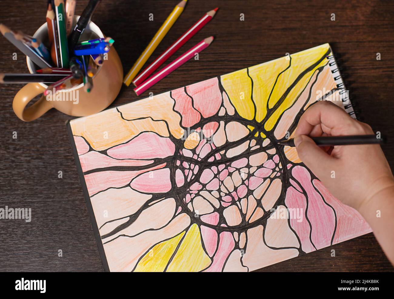 black marker pen on a multicolored drawing from neurographic lines.  neurographics as a psychological technique Stock Photo - Alamy
