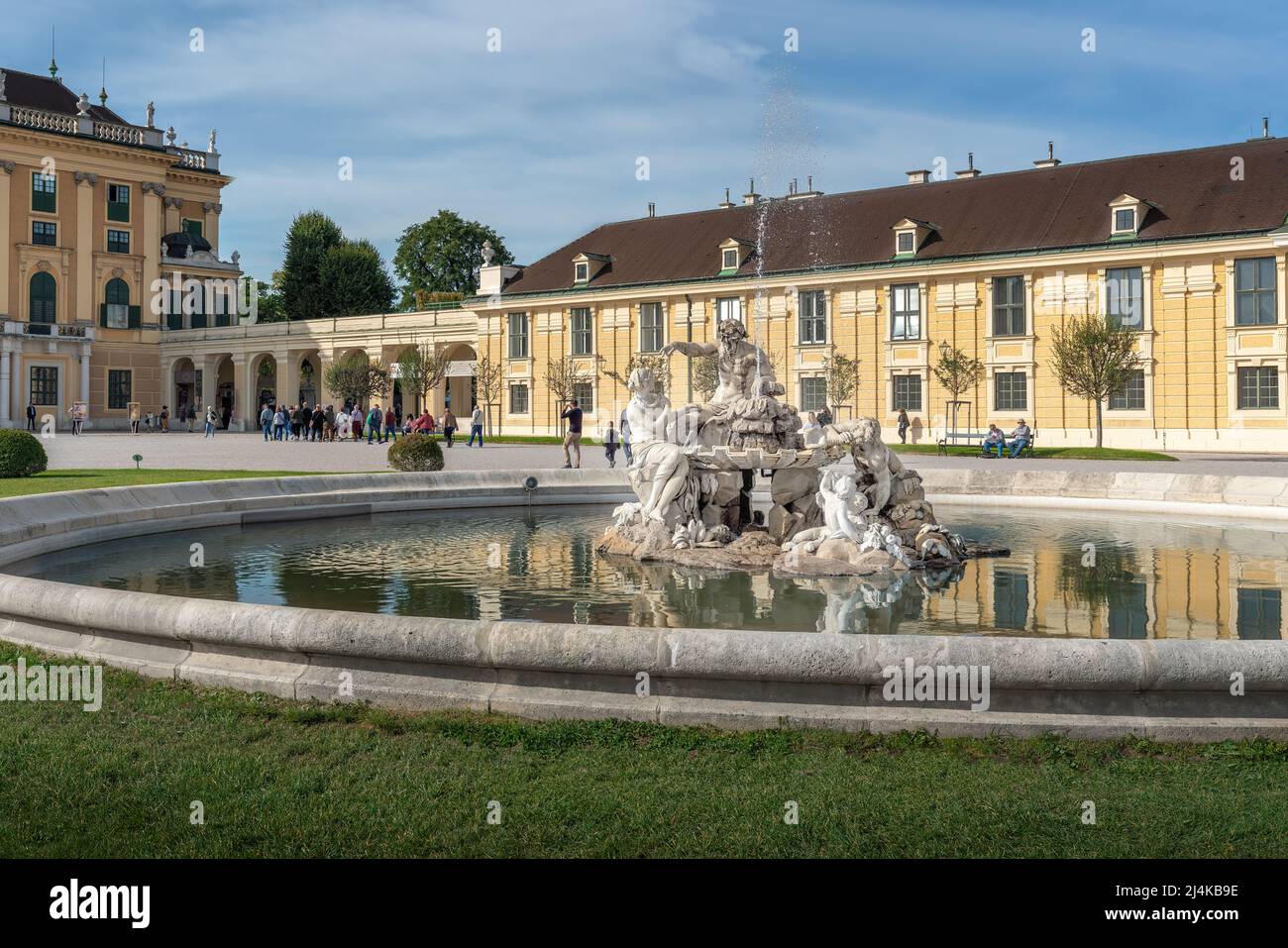 Danube, Inn and Enns fountain at Schonbrunn Palace Forecourt - by Franz Anton von Zauner and Joseph Baptist Hagenauer - Vienna, Austria Stock Photo