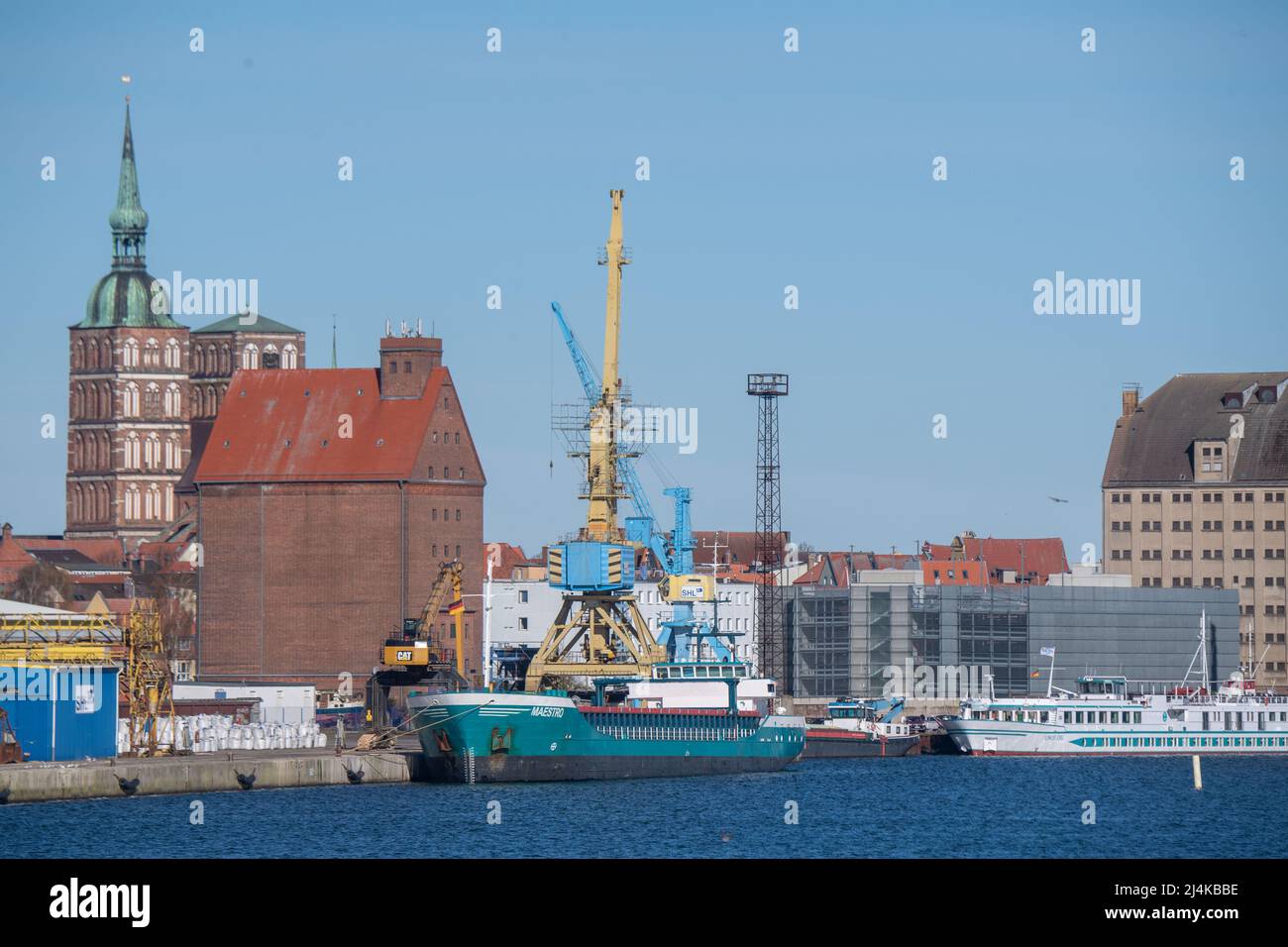 Stralsund, Germany. 16th Apr, 2022. A ship lies at a berth in the seaport of Stralsund. From Saturday (16.04.2022) there will be a ban on Russian ships entering EU ports. This also applies to ships that have sailed under the Russian flag since the beginning of the war, so that a change of flag does not undermine the sanction. There are exceptions for the delivery of food, humanitarian aid and energy. Credit: Stefan Sauer/dpa/Alamy Live News Stock Photo