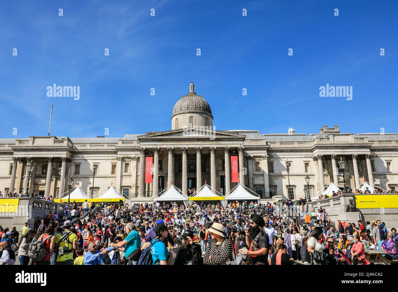 London, UK. 16th Apr, 2022. Vaisakhi Festival, a celebration of Sikh and Punjabi tradition and culture is once again back at Trafalgar Square. Highlights include the martial arts (Gatka), colourful stage performances of kirtan and dharmic music, as well as food and cooking demonstrations. Credit: Imageplotter/Alamy Live News Stock Photo