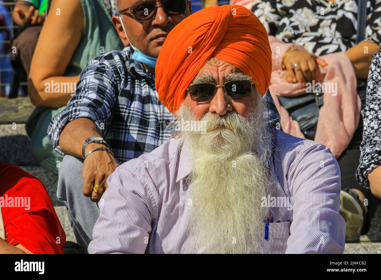 London, UK. 16th Apr, 2022. Vaisakhi Festival, a celebration of Sikh and Punjabi tradition and culture is once again back at Trafalgar Square. Highlights include the martial arts (Gatka), colourful stage performances of kirtan and dharmic music, as well as food and cooking demonstrations. Credit: Imageplotter/Alamy Live News Stock Photo