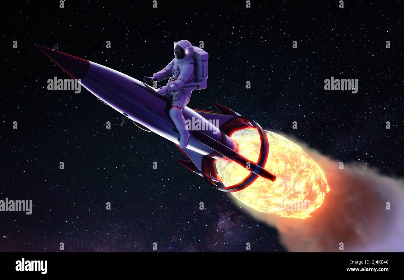 3d Illustration of astronaut riding a rocket, with smoke, through the cloud into the space, with clipping path. Stock Photo