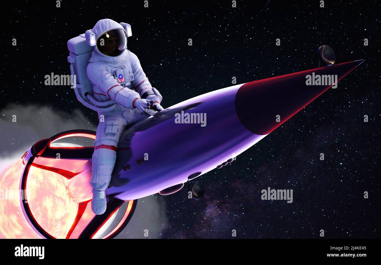 3d Illustration of astronaut riding a rocket, with smoke, through the cloud into the space, with clipping path. Stock Photo