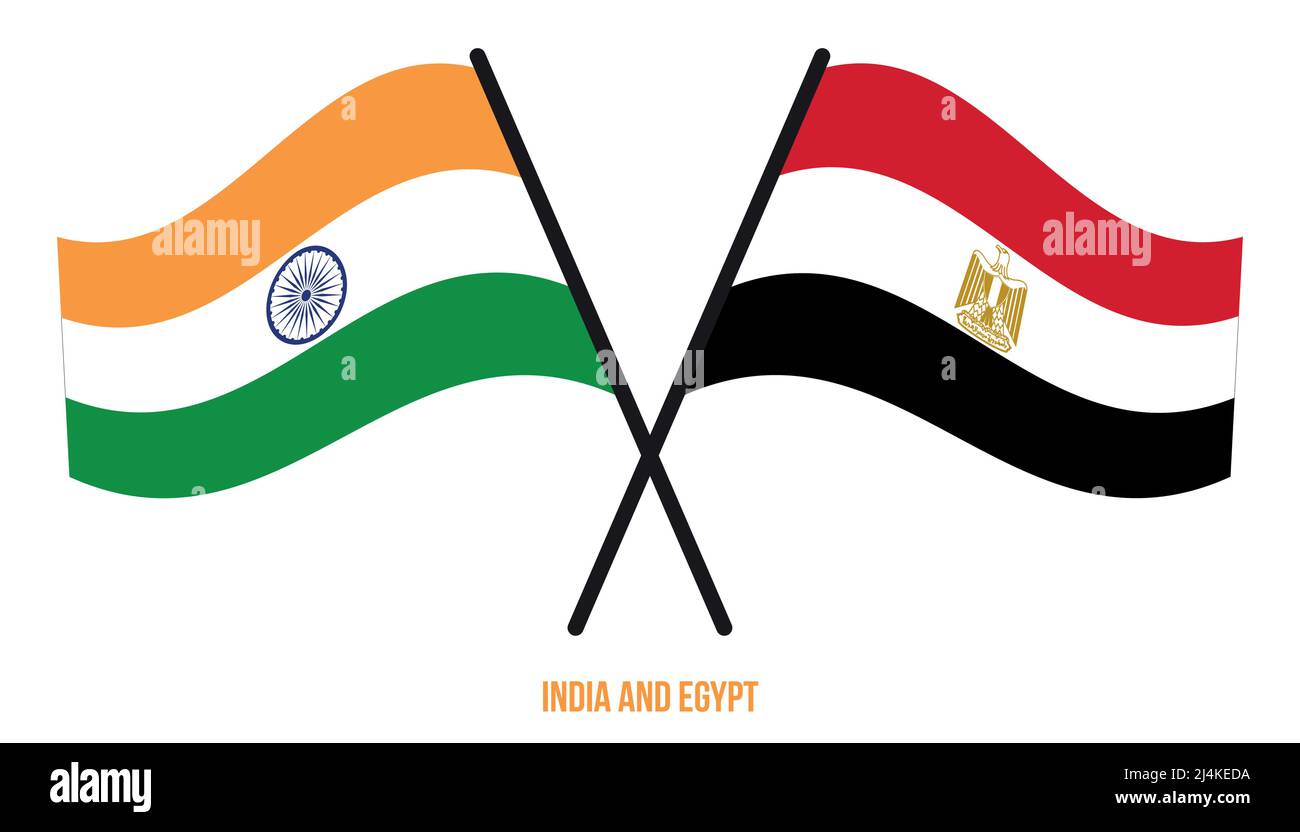 India and Egypt Flags Crossed And Waving Flat Style. Official Proportion. Correct Colors. Stock Vector