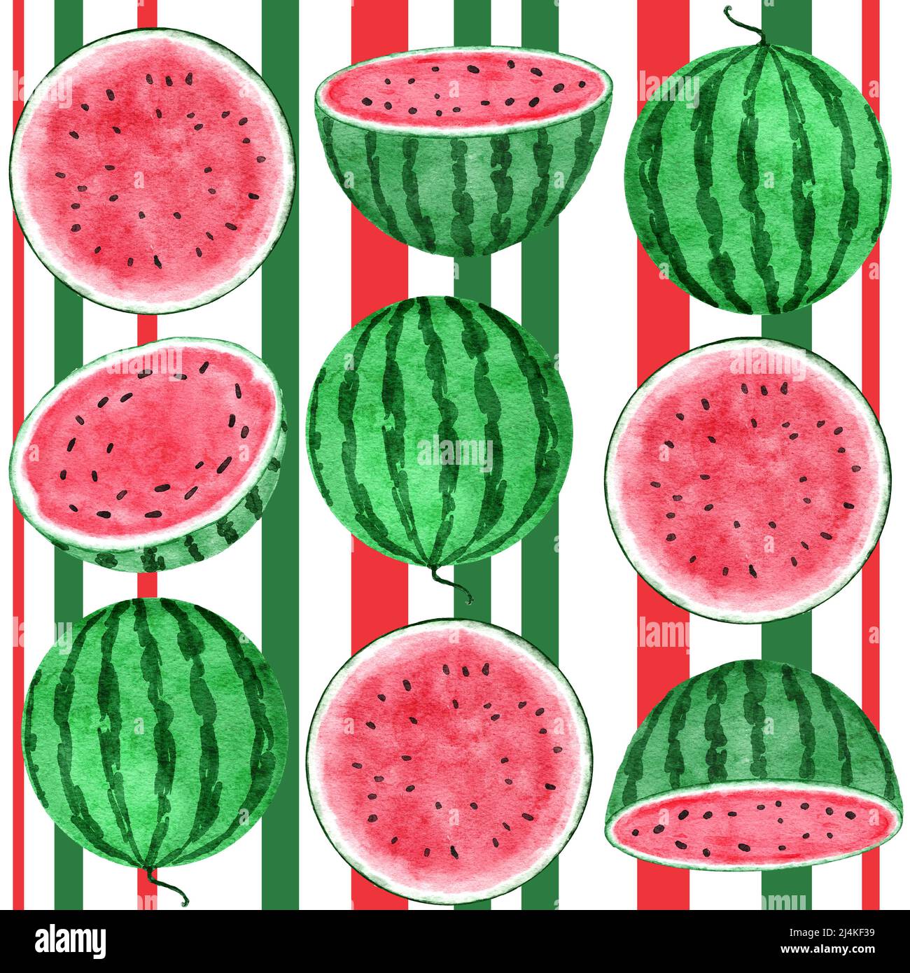 Watercolor hand drawn seamless pattern with watermelon fruit and ...