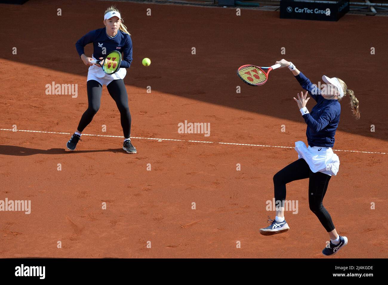 Prague, Czech Republic. 16th Apr, 2022. HARRIET DART and KATIE SWAN of Great Britain in action during the tennis qualification double match of Billie Jean King Cup between Czech Republic and Great Britain in Prague in the Czech Republic. (Credit Image: © Slavek Ruta/ZUMA Press Wire) Stock Photo