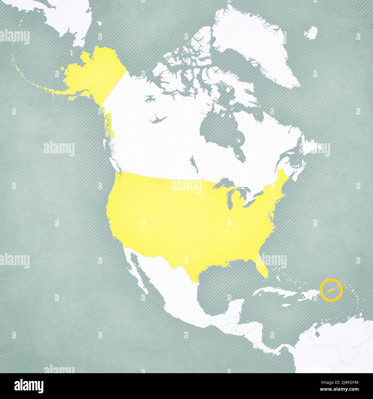 Puerto Rico (US) on the map of North America with softly striped vintage background Stock Photo