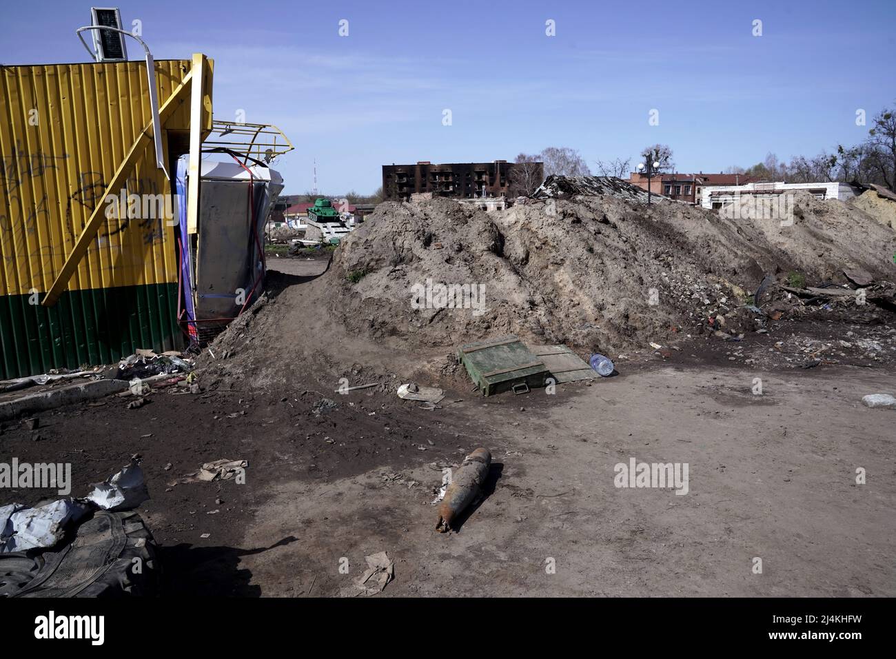 TROSTIANETS, UKRAINE - APRIL 15, 2022 - The remains of ammunition are pictured on the street in the city liberated from Russian invaders, Trostianets, Stock Photo
