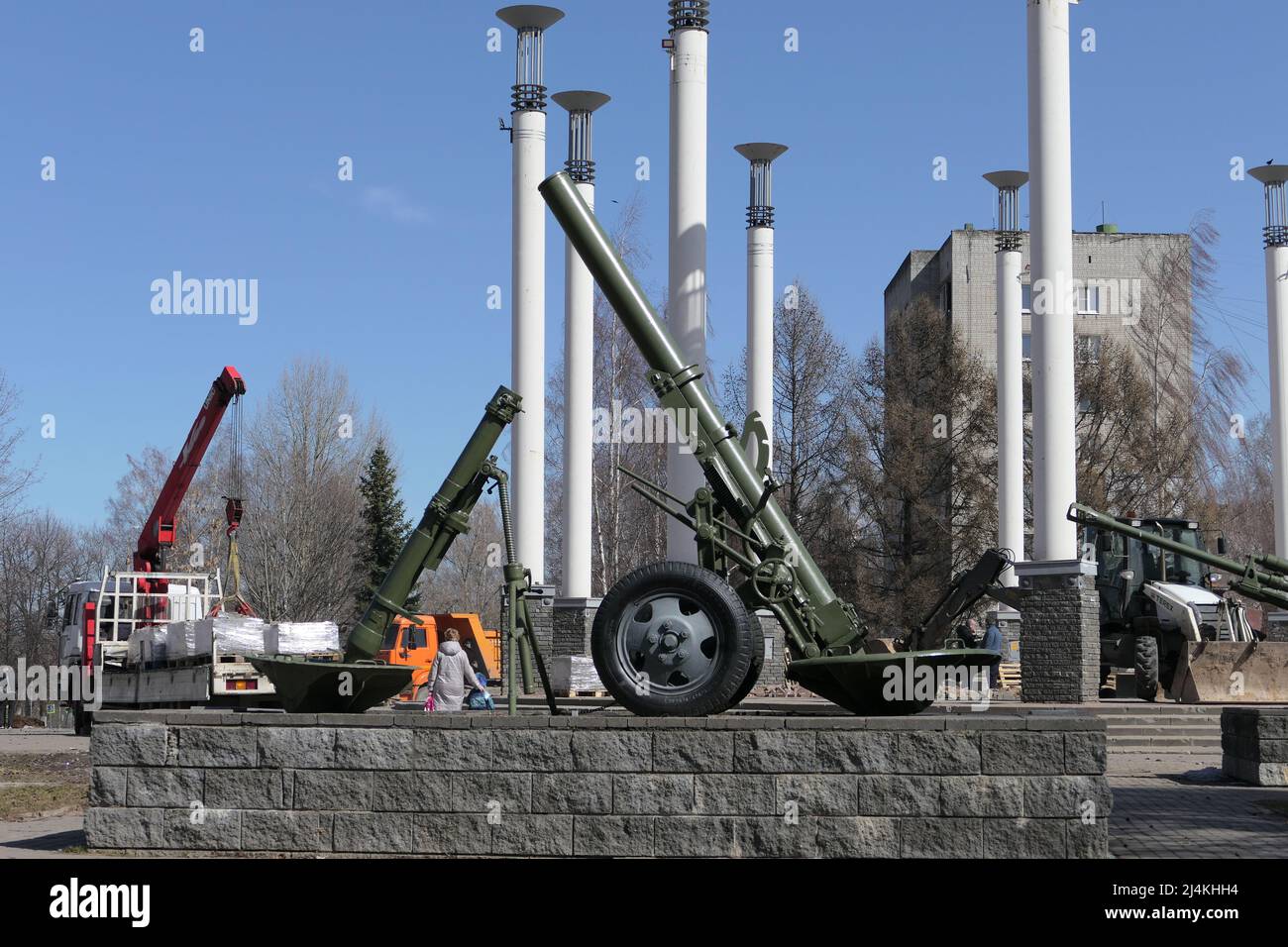Nizhny Novgorod, Russia, Marshal Zhukov Square, 14.04.2022. Samples of military equipment in proud conditions, the square of eternal Stock Photo