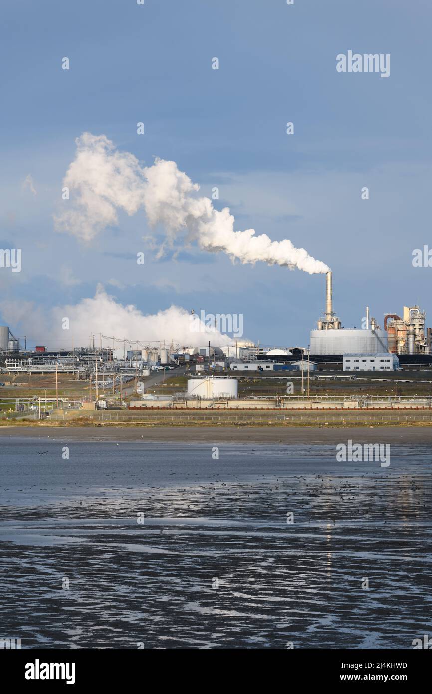 Steam rising from a smoke stake at a raw material processing plant.  A tidal bay is in the foreground with the tidal flat exposed Stock Photo