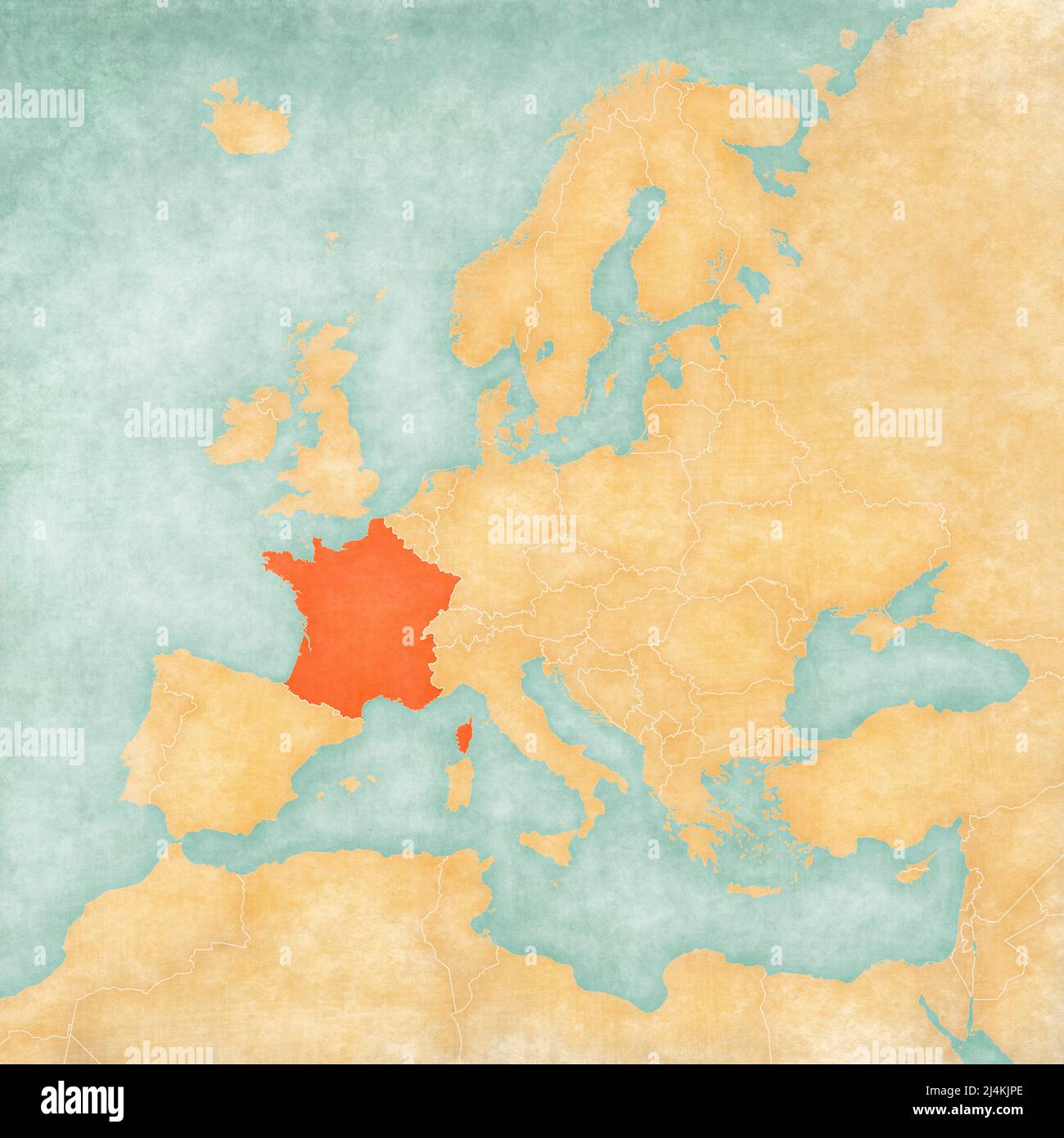 France on the map of Europe in soft grunge and vintage style, like old ...