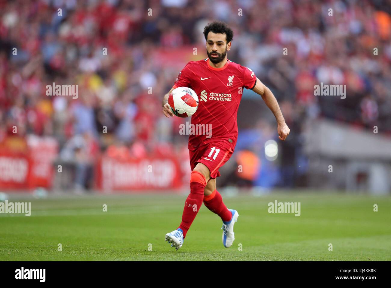 London, UK. 16th Apr, 2022. Mohamed Salah of Liverpool in action. The Emirates FA Cup, semi final, Manchester City v Liverpool at Wembley Stadium in London on Saturday 16th April 2022.this image may only be used for Editorial purposes. Editorial use only, license required for commercial use. No use in betting, games or a single club/league/player publications.pic by Andrew Orchard/Andrew Orchard sports photography/Alamy Live News Credit: Andrew Orchard sports photography/Alamy Live News Stock Photo