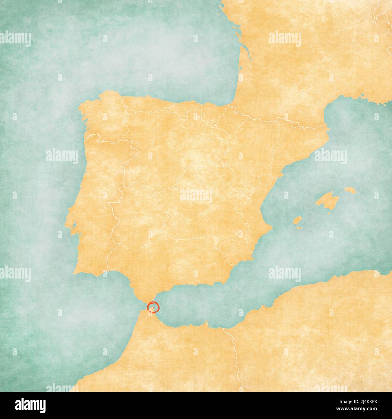 Ceuta on the map of Iberian Peninsula in soft grunge and vintage style on old paper. Stock Photo