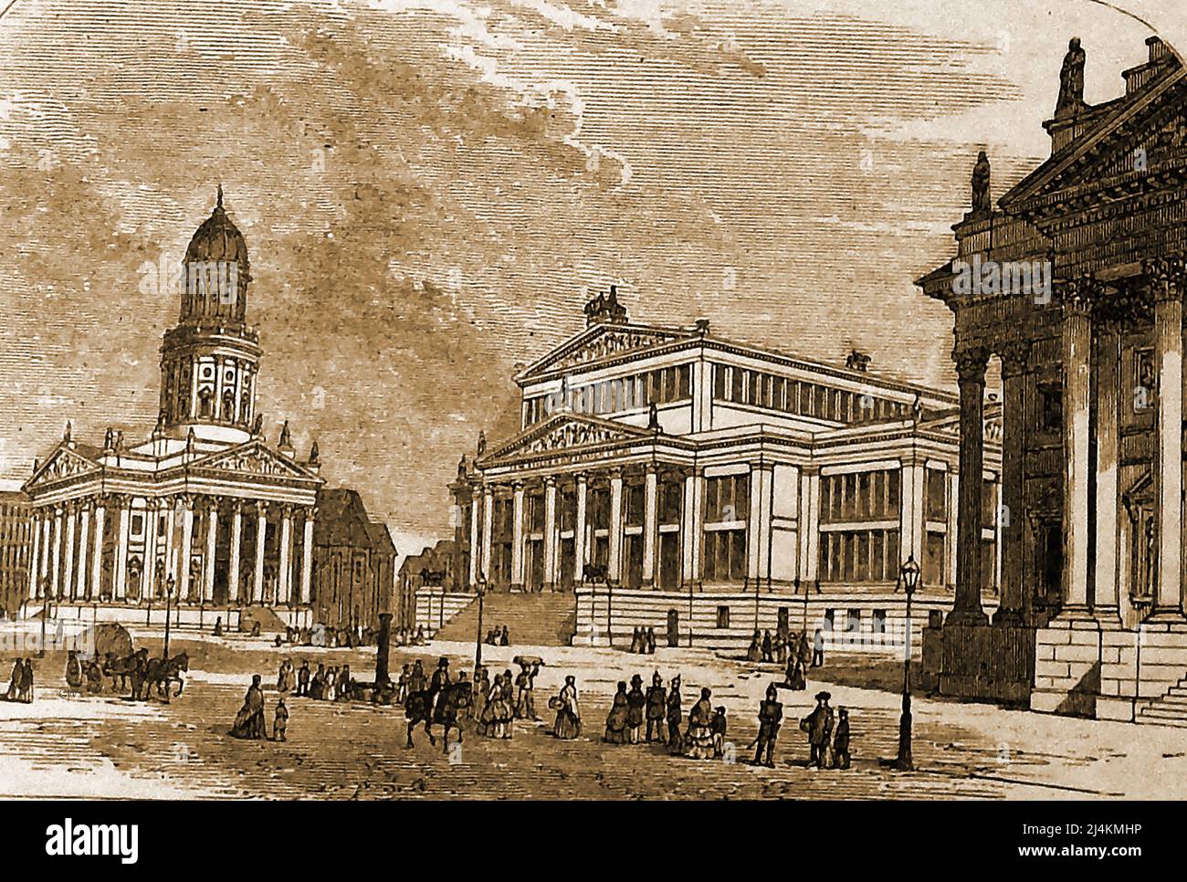 A 19th century British engraving  of gensdarmenmarkt, Berlin, Germany with the Royal Theatre (left) and New Church. The Gendarmenmarkt  square is the site of an architectural interest with notable buildings such as the Berlin concert hall and the French & German Churches and a  statue of poet Friedrich Schiller. It was built in the 1600's by by Johann Arnold Nering as the Linden-Markt and rebuilt by Georg Christian Unger in 1773.  Its name is derived from the cuirassier regiment Gens d'Armes, who had stables here  until 1773. The present buildings were restored after being damaged  in WWII Stock Photo