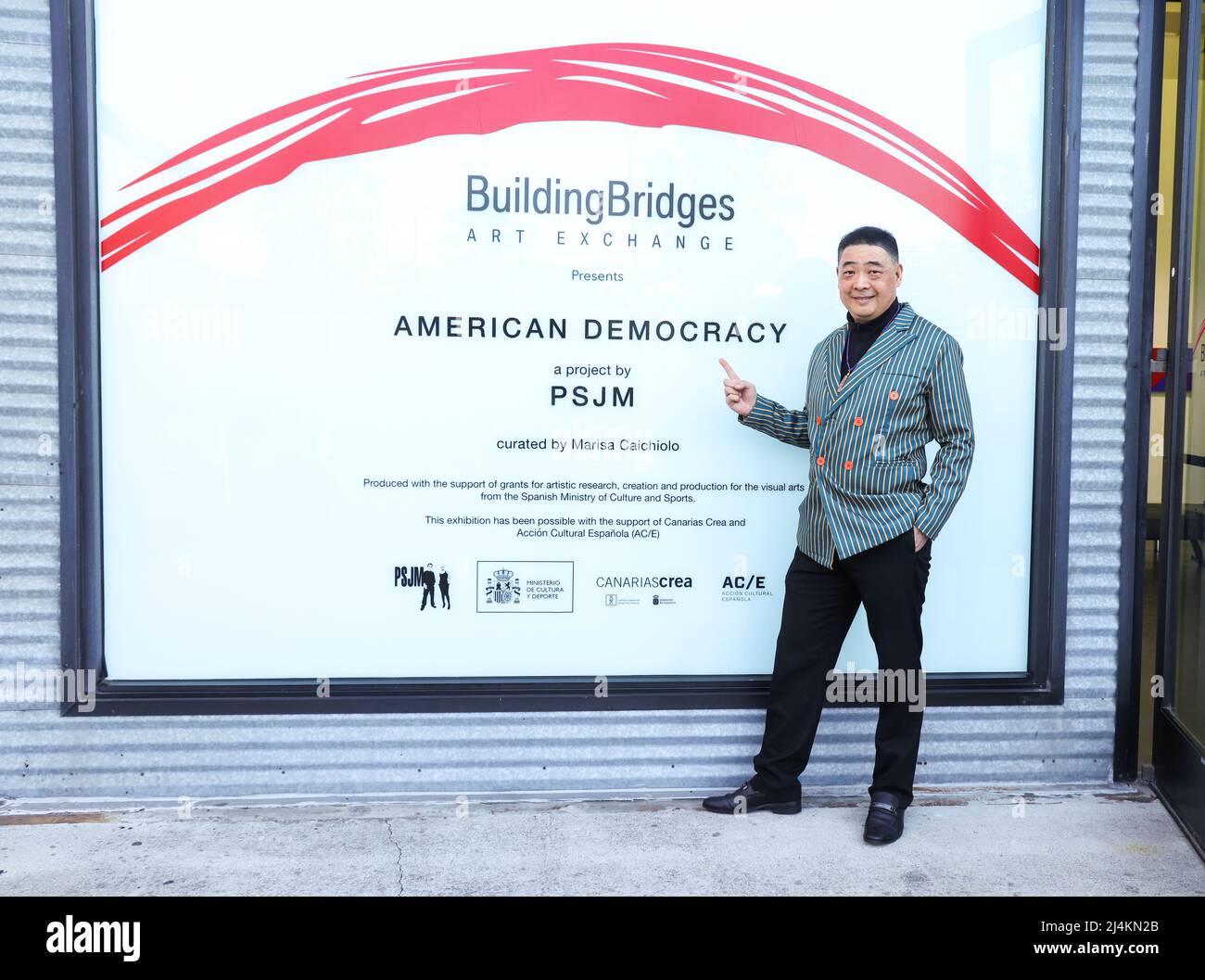 Santa Monica, California, USA. 14th April, 2022. TV host Joey Zhou attending the opening of PSJM's 'American Democracy' art exhibition at Building Bridges Art Exchange at Bergamot Art Center in Santa Monica, California. The art exhibition featured 59 paintings, each representing the election year of a United States president and the historical results of each political party (red = Republican, blue = Democratic, etc.) displayed in a geometric format. Credit: Sheri Determan Stock Photo