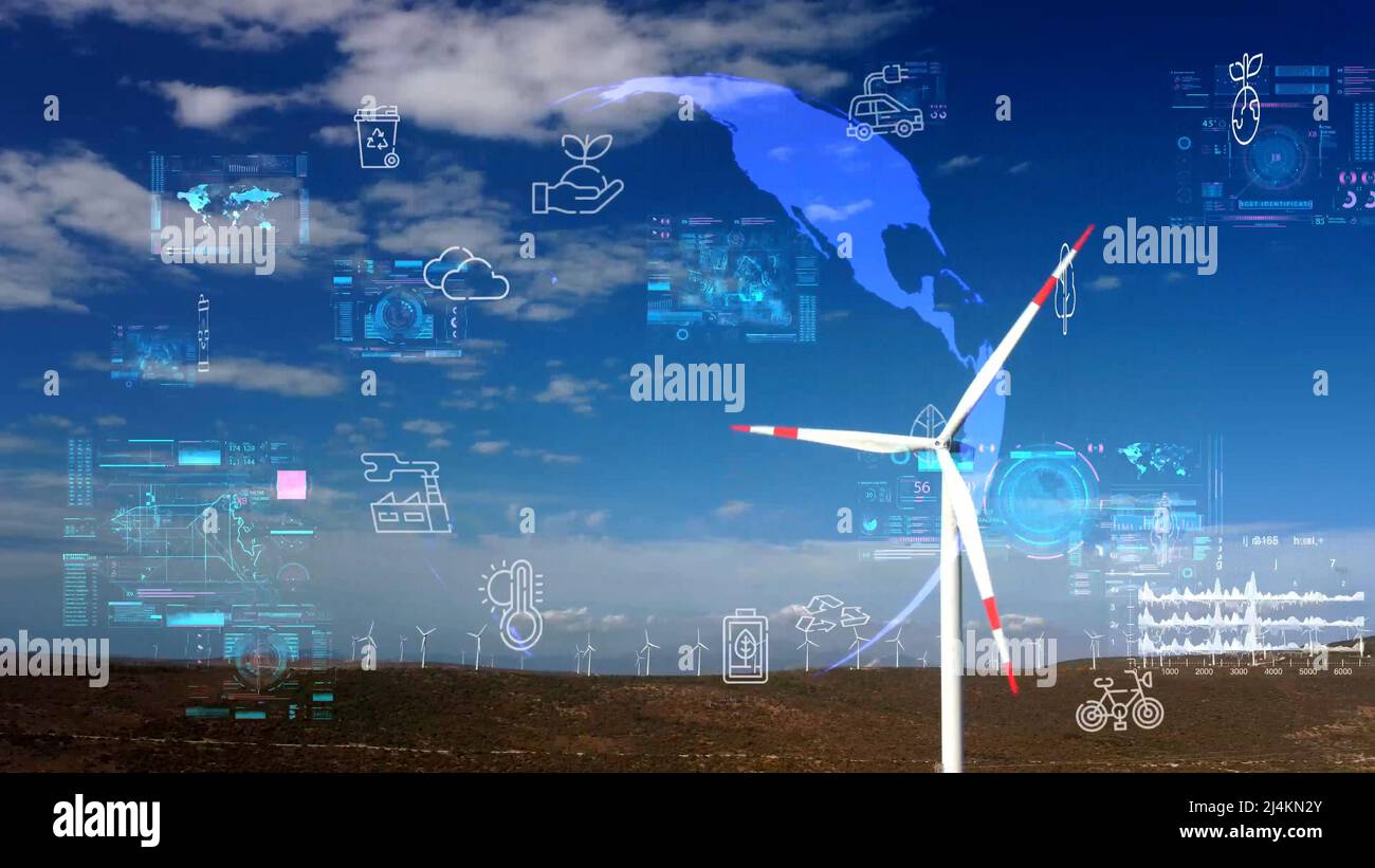 Wind power plant and technology. Smart grid. Renewable energy. Sustainable resources. Stock Photo