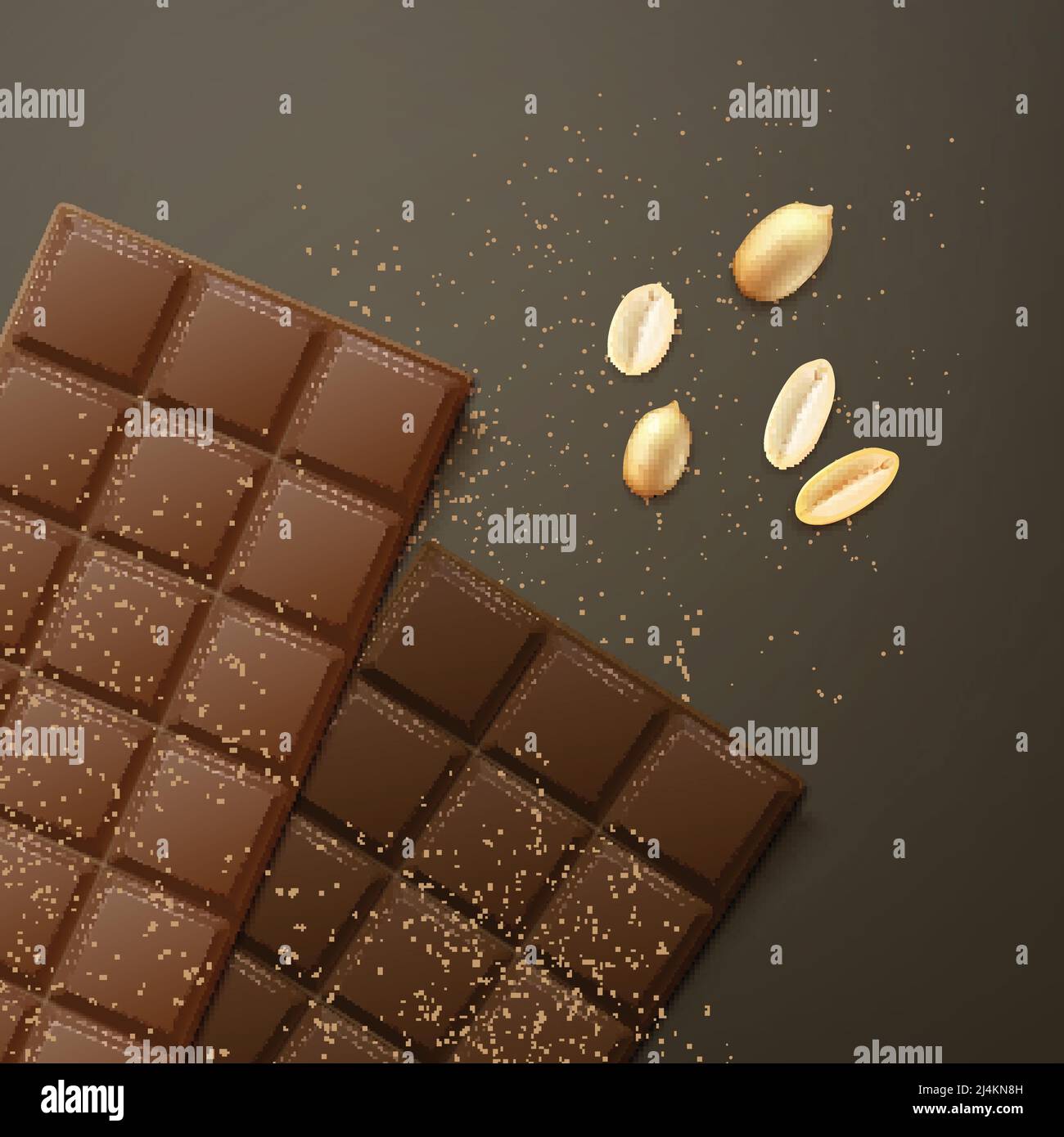 Vector milk and bitter chocolate bars with peanuts, top view isolated