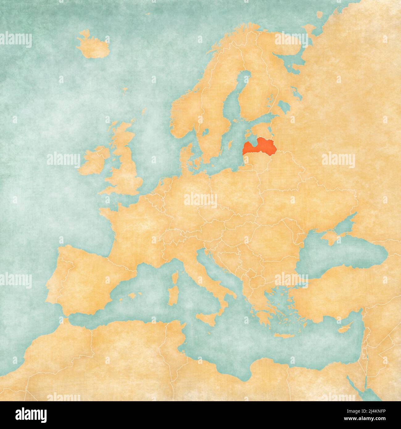 Latvia on the map of Europe in soft grunge and vintage style, like old ...