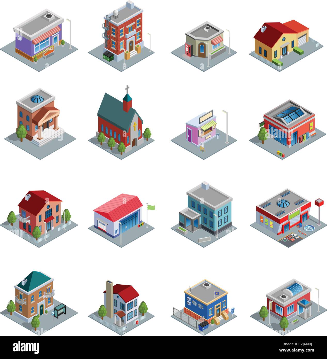Different kinds of buildings isometric icons set with church stores and ...