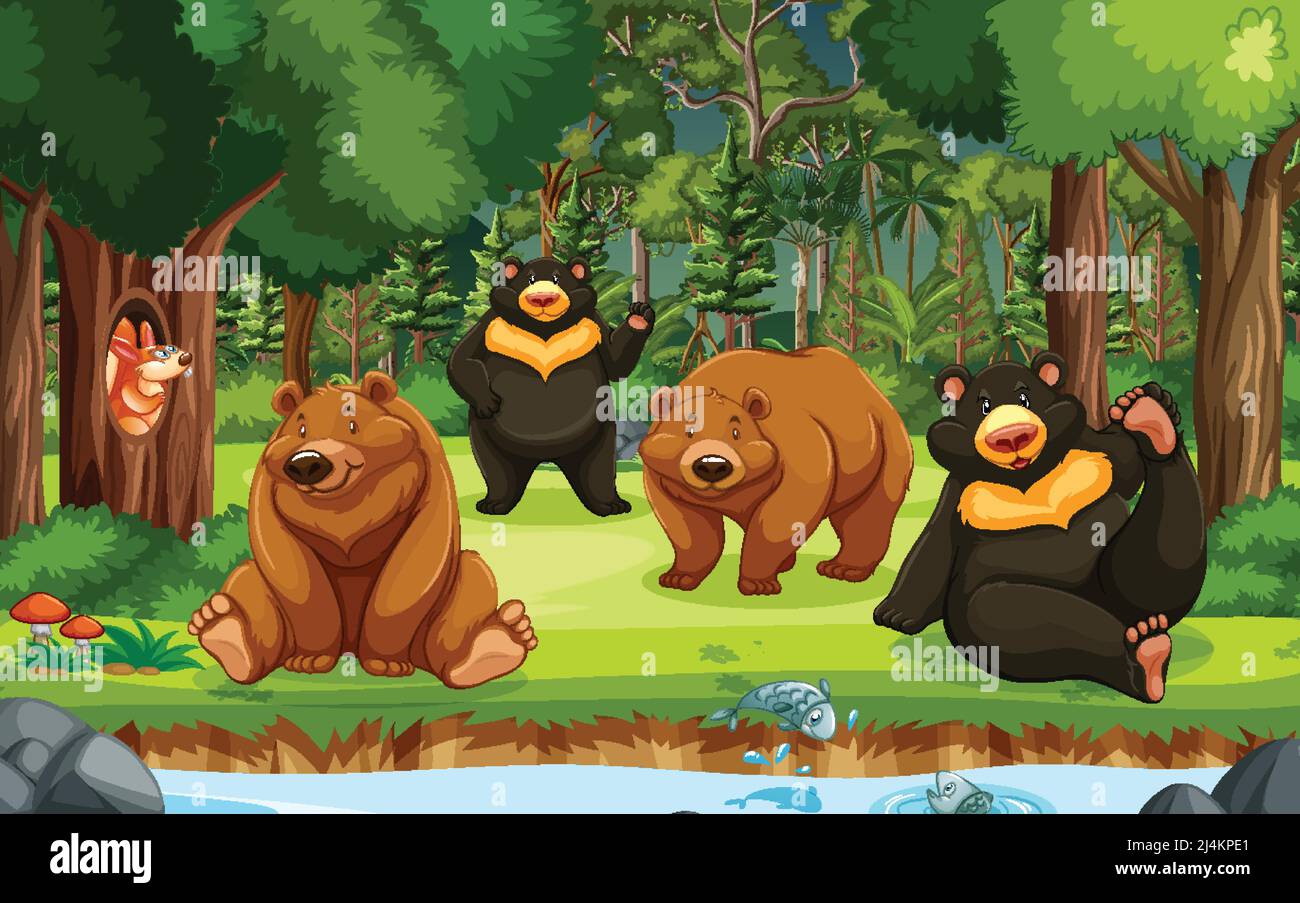 Group of bears in the forest scene illustration Stock Vector Image ...