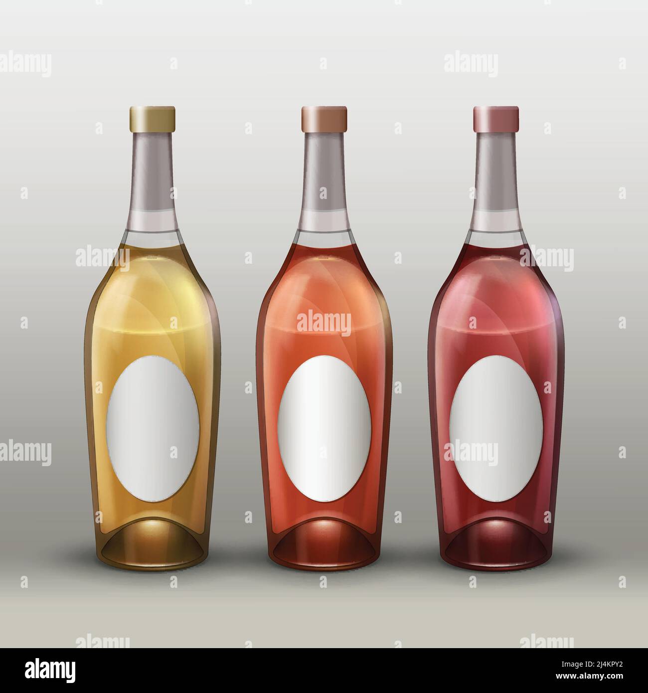 Vector set of full colored bottles with empty labels front view isolated on gradient background Stock Vector